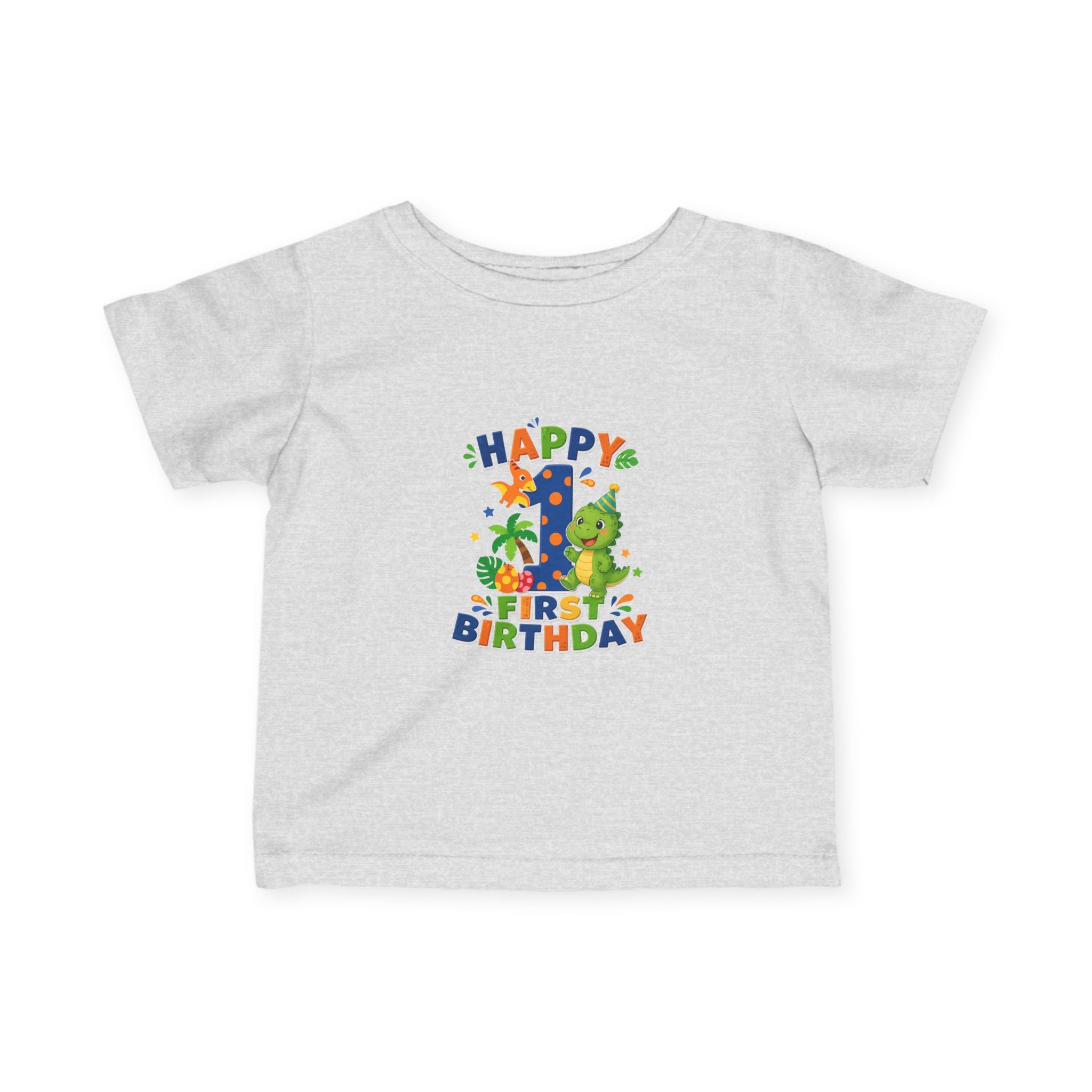 Happy 1st Birthday Infant Tee — Colorful Dino First Birthday Shirt