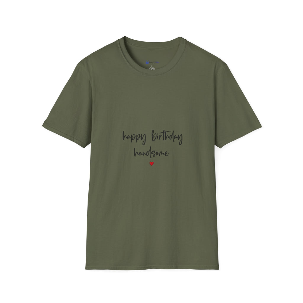 Happy Birthday Handsome T‑Shirt — Casual Birthday Tee with Script & Heart