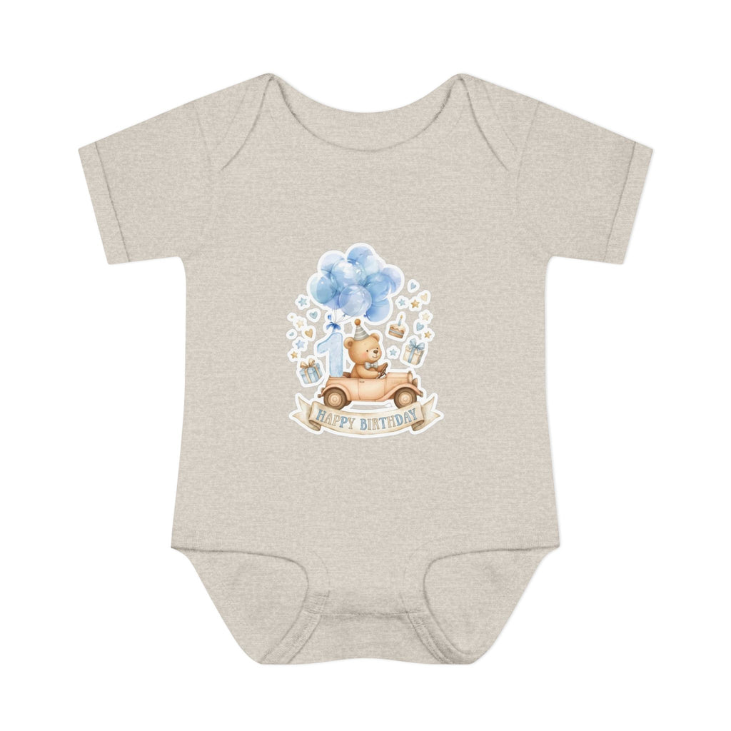 Baby Bodysuit - Blue Teddy Bear with Balloons "Happy Birthday" Infant Onesie