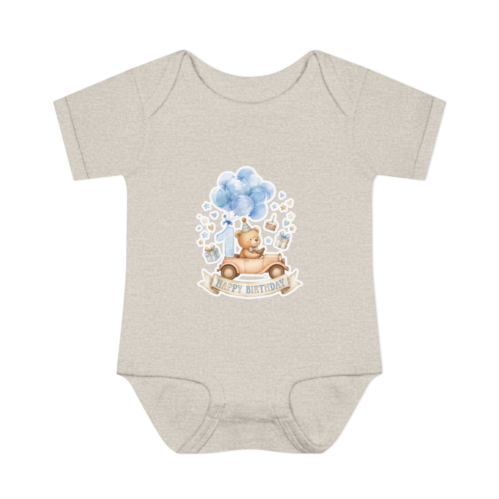 Baby Bodysuit - Blue Teddy Bear with Balloons "Happy Birthday" Infant Onesie