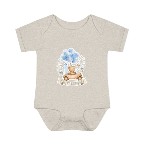 Baby Bodysuit - Blue Teddy Bear with Balloons "Happy Birthday" Infant Onesie
