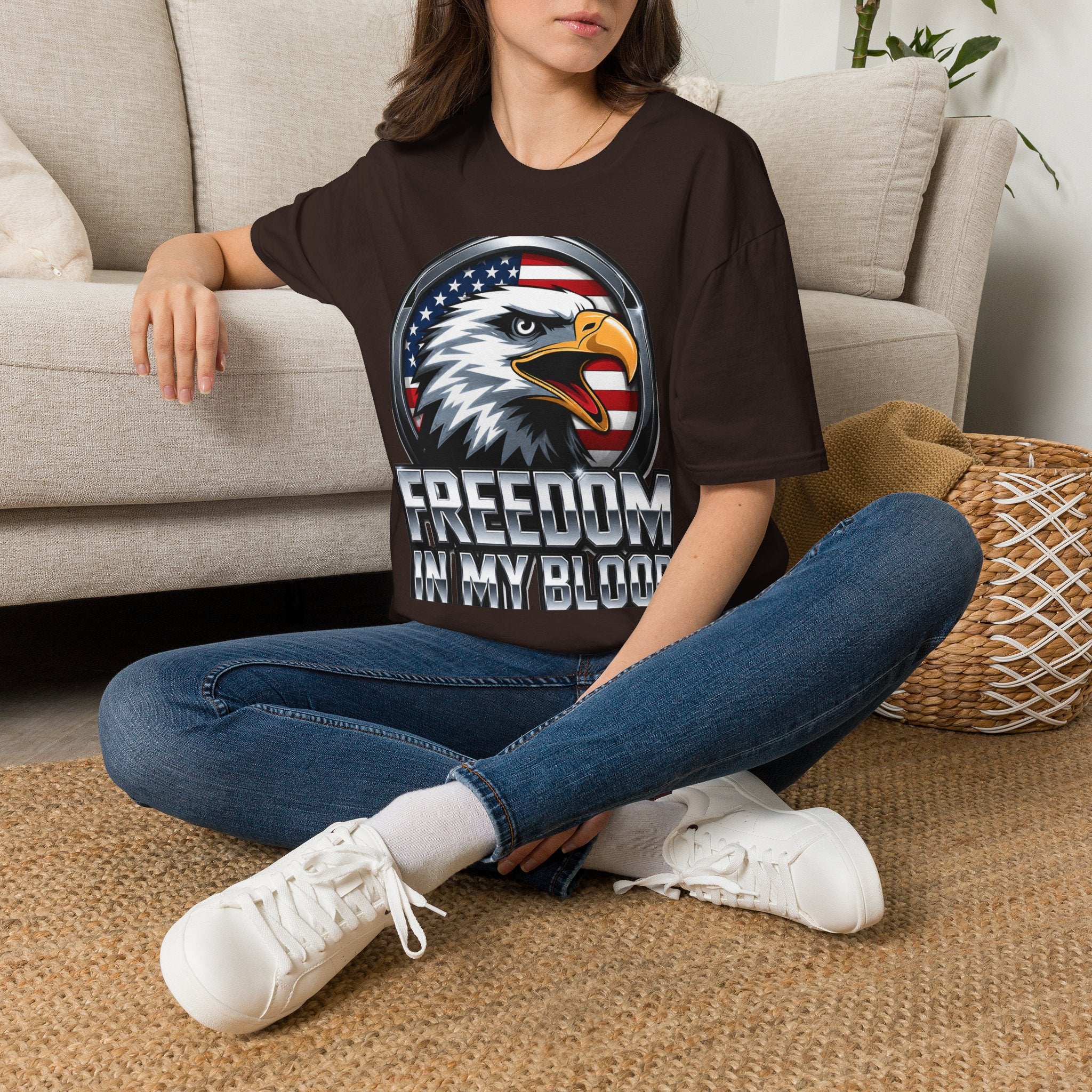 Patriotic Eagle T-Shirt — 'Freedom in My Blood' American Flag Tee design.