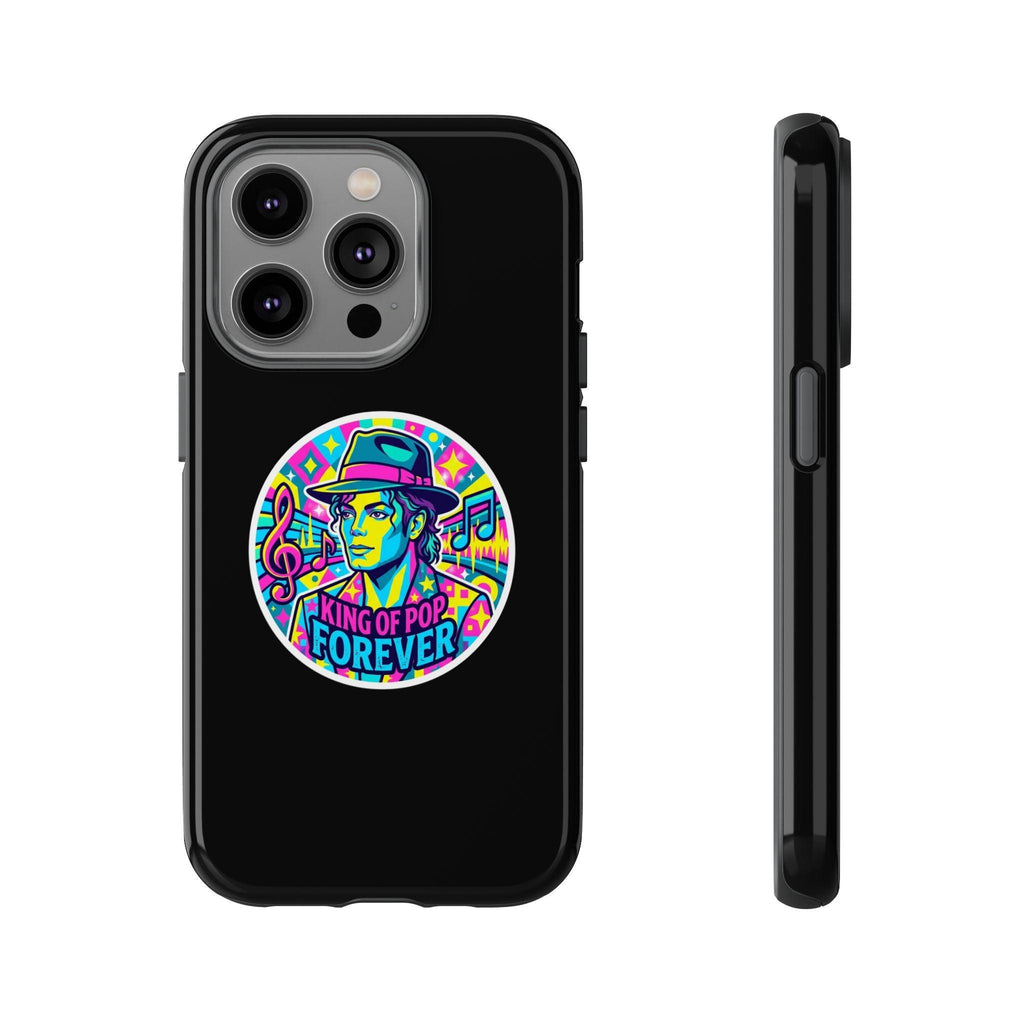Matte Black iPhone Tough Cases 12 to 17 Pro Max  — "King of Pop Forever" Retro Pop Art Phone Case.