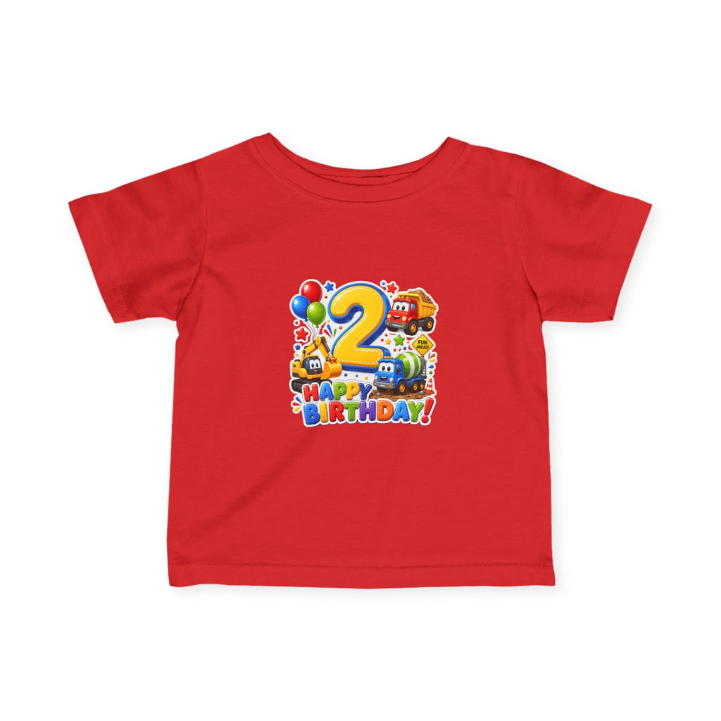 2nd Birthday Infant Tee — Colorful Trucks, Balloons & 'Happy Birthday' Design