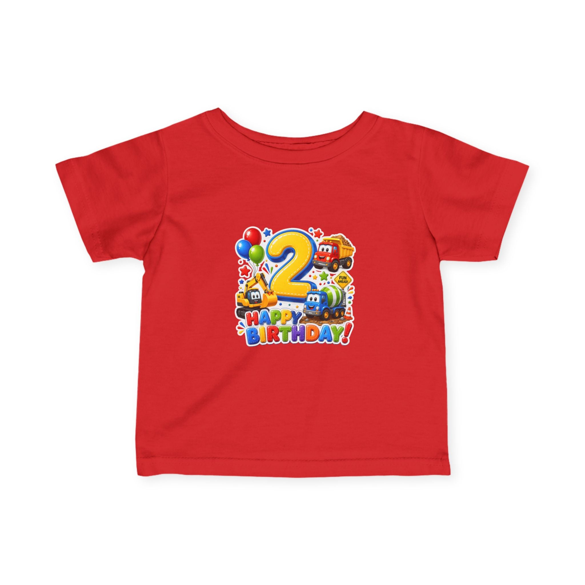 2nd Birthday Infant Tee — Colorful Trucks, Balloons & 'Happy Birthday' Design