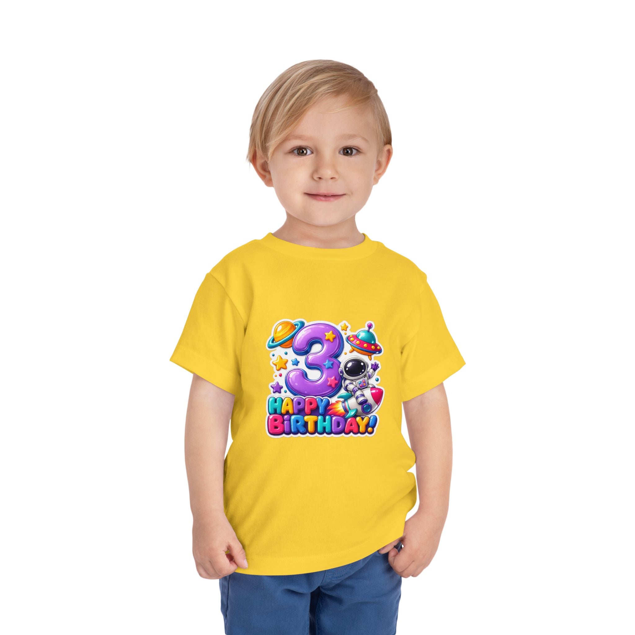 3rd Birthday Toddler Tee — Space Astronaut "Happy Birthday" Shirt