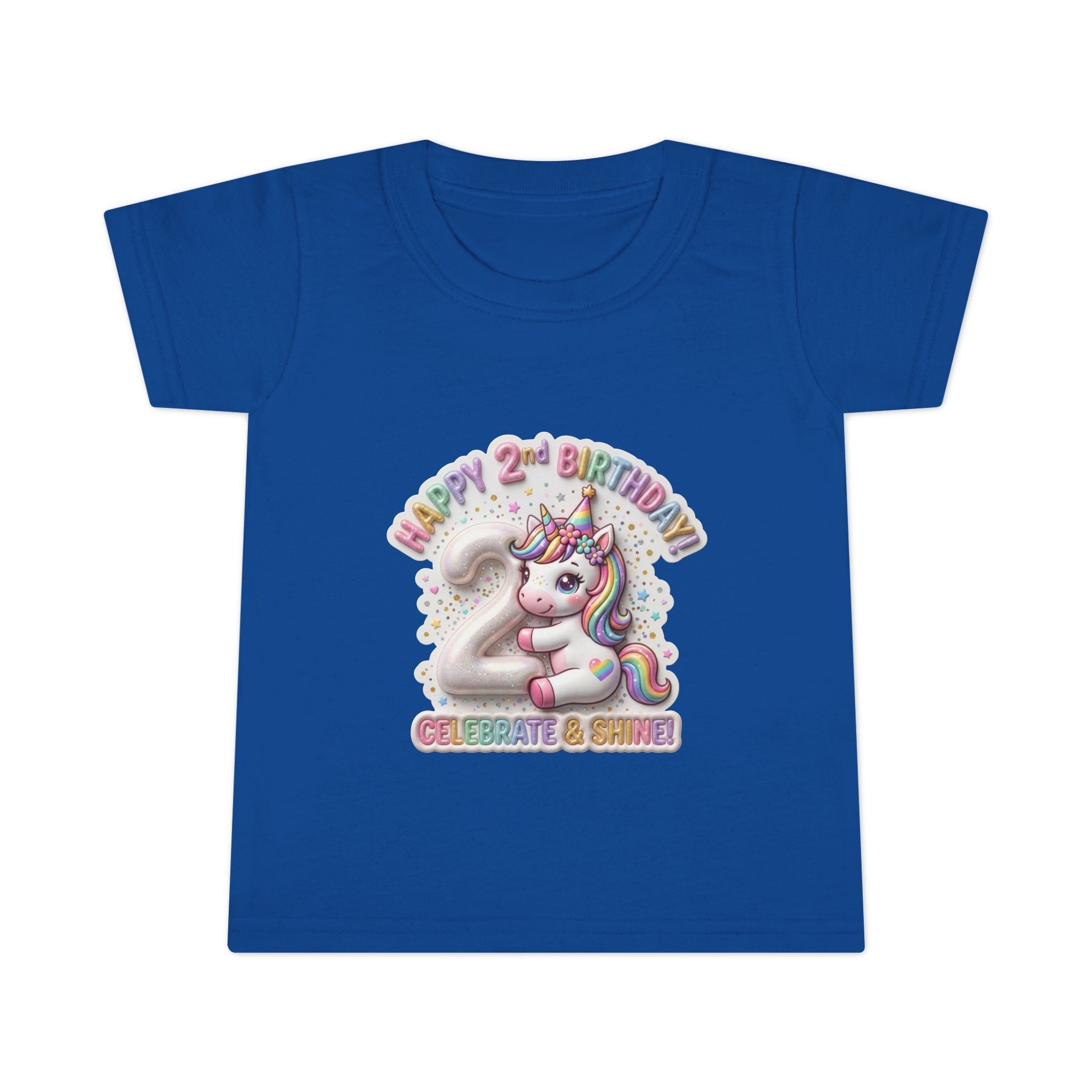 Toddler T-shirt — "Happy 2nd Birthday" Unicorn Celebrate & Shine