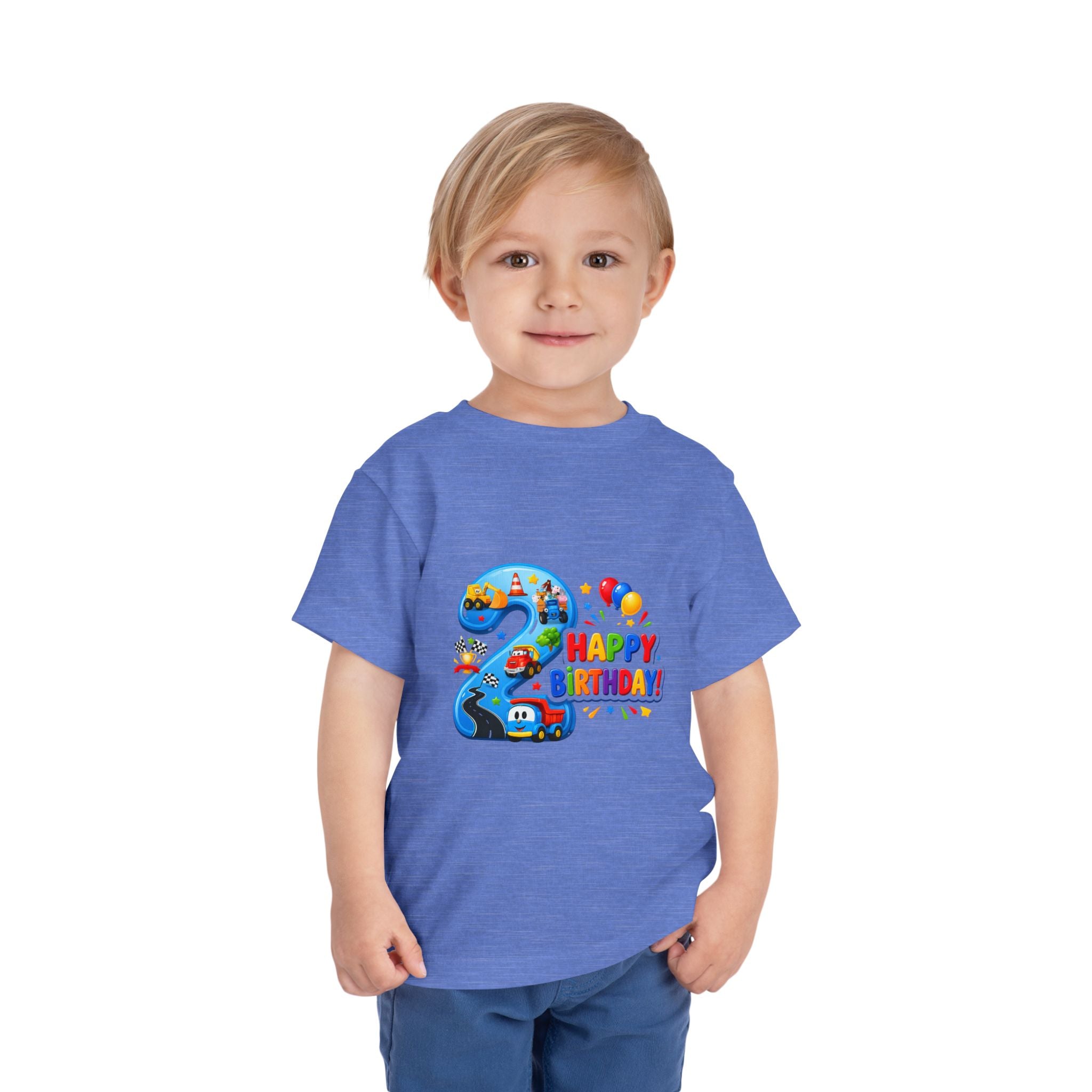 2nd Birthday Toddler Tee — Happy Birthday Number 2 with Cars & Balloons