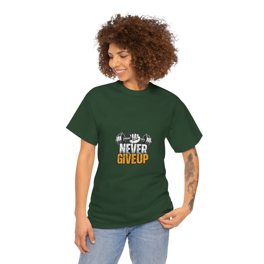 Never Give Up Fitness T-Shirt — Motivational Gym Tee with Dumbbell Graphic