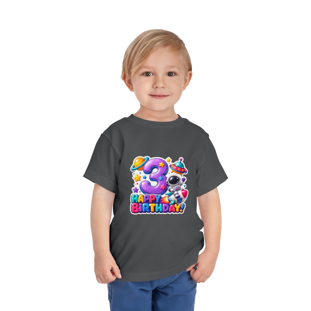 3rd Birthday Toddler Tee — Space Astronaut "Happy Birthday" Shirt
