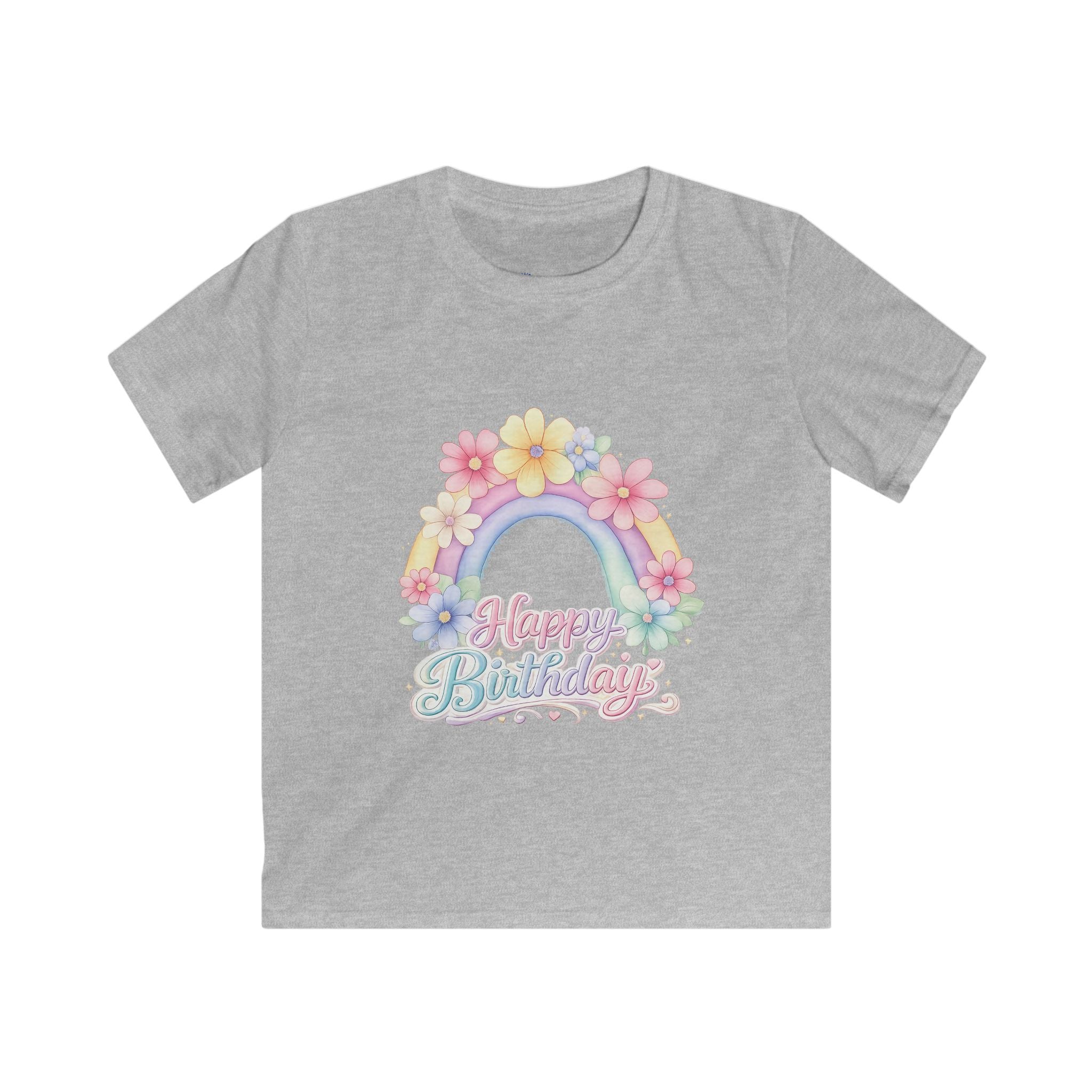 Kids Tee — Pastel Rainbow "Happy Birthday" Floral Design