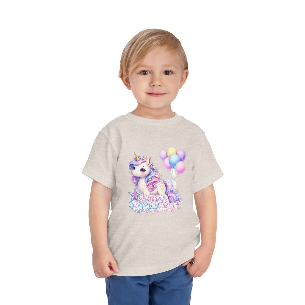 Toddler Tee — Pastel Unicorn "Happy Birthday" Shirt with Balloons