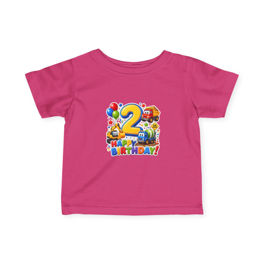 2nd Birthday Infant Tee — Colorful Trucks, Balloons & 'Happy Birthday' Design