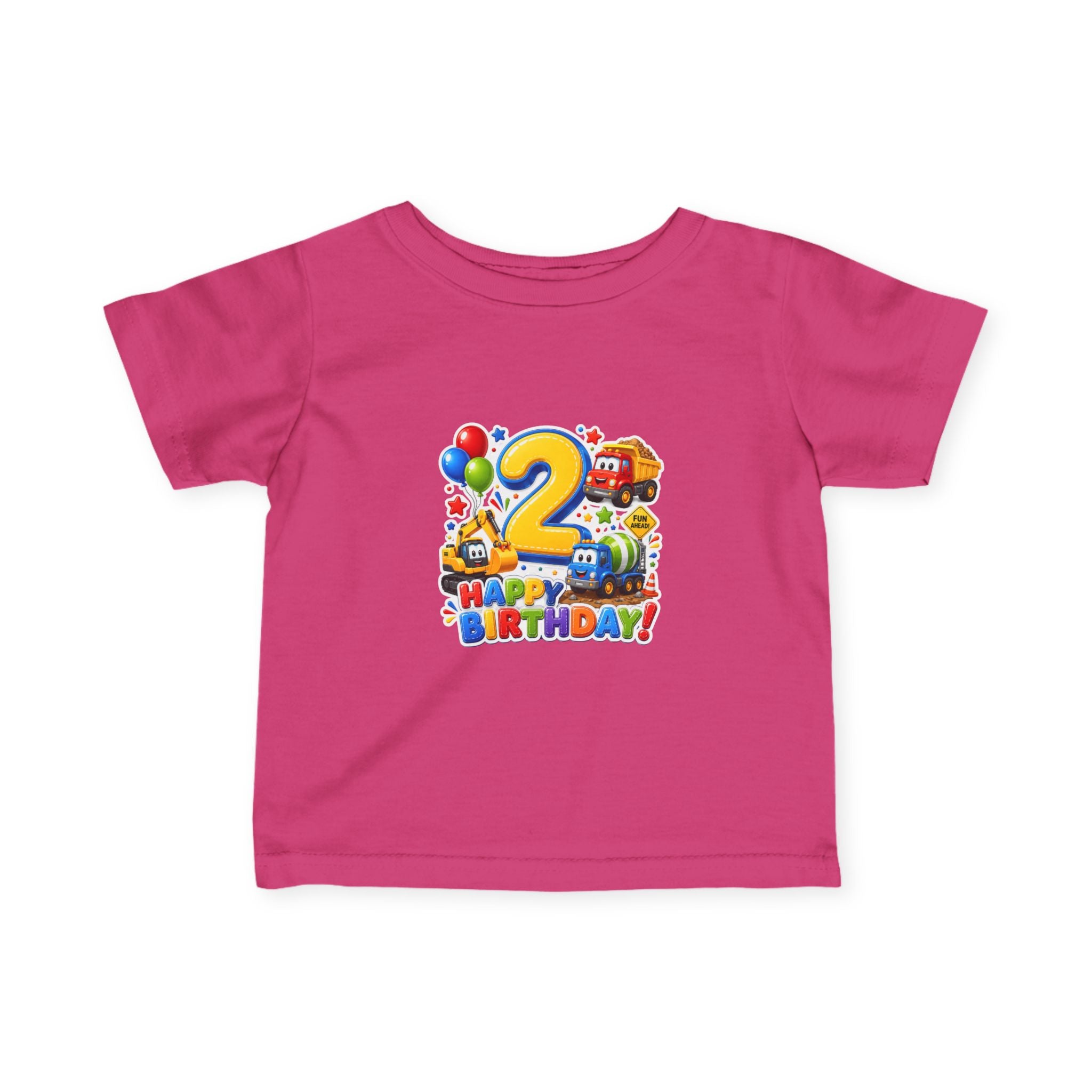 2nd Birthday Infant Tee — Colorful Trucks, Balloons & 'Happy Birthday' Design