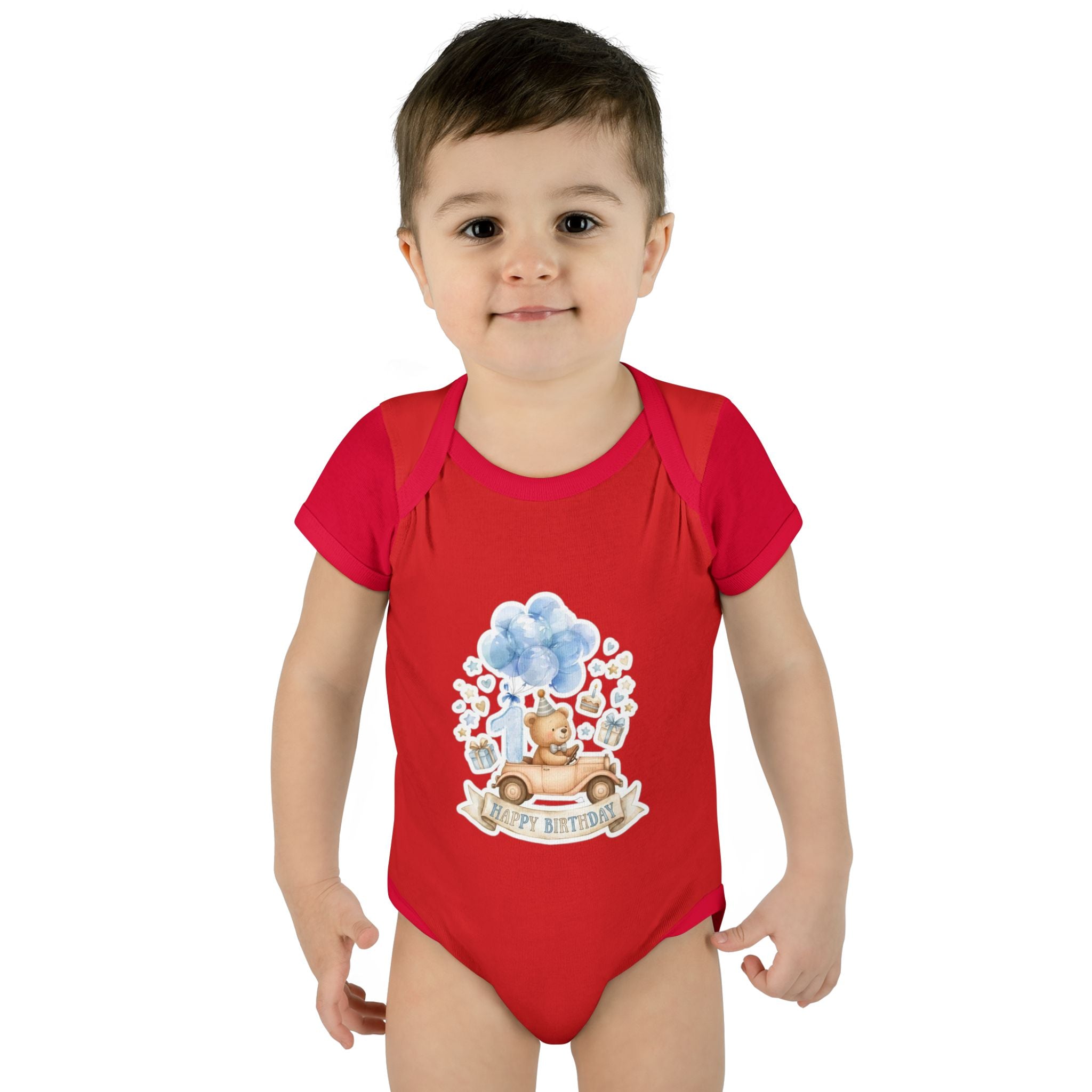 Baby Bodysuit - Blue Teddy Bear with Balloons "Happy Birthday" Infant Onesie