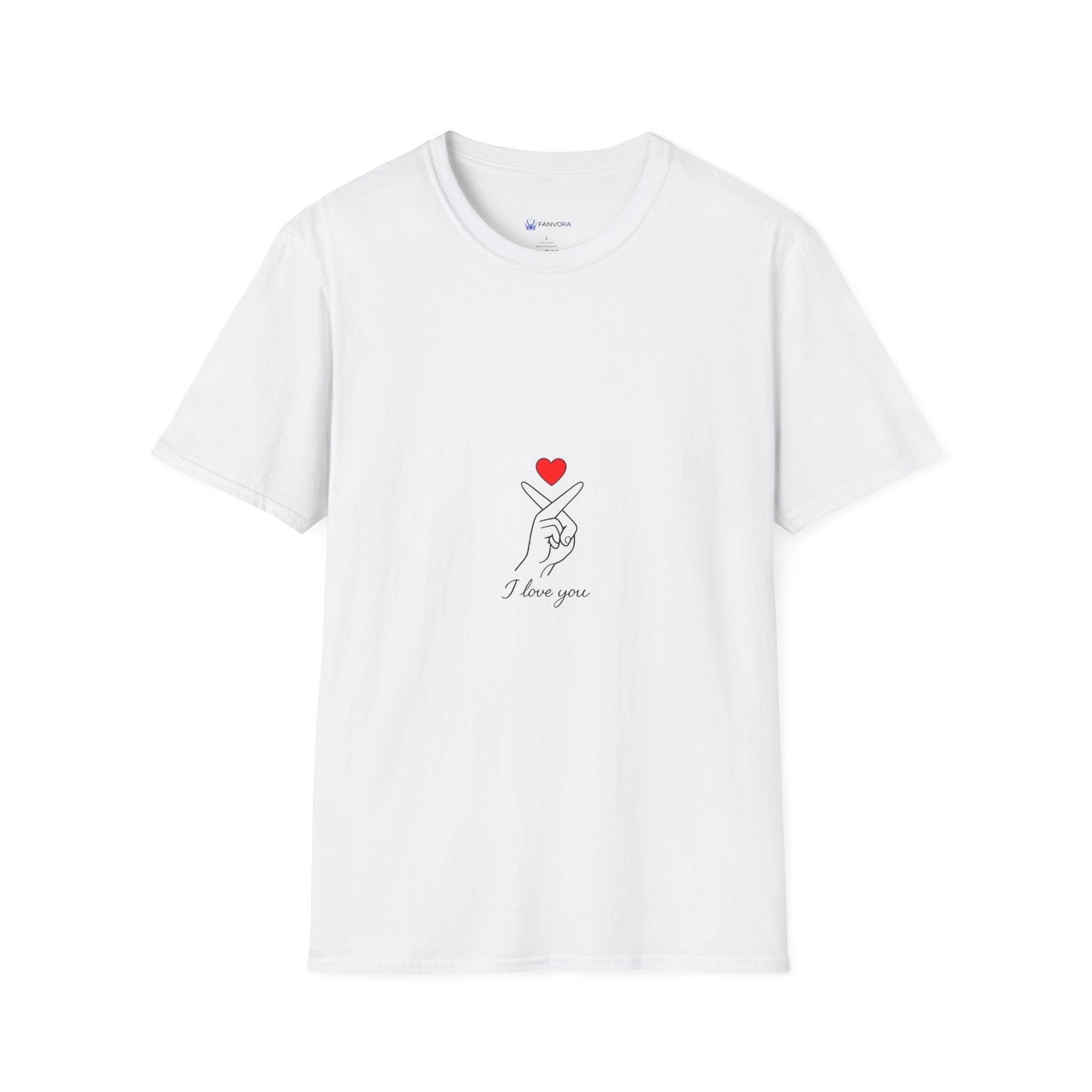 T-Shirt — Minimal Korean Finger Heart Design with 'I Love You' Pocket Graphic
