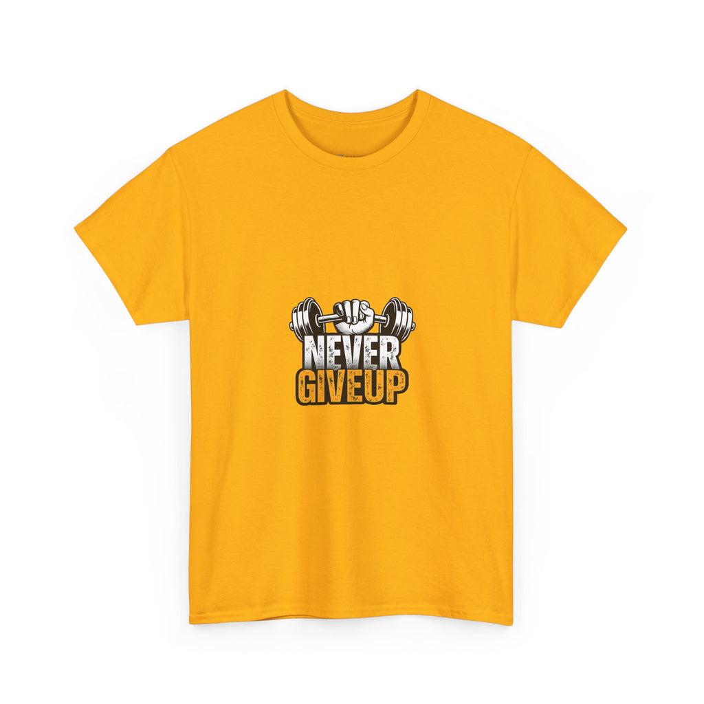 Never Give Up Fitness T-Shirt — Motivational Gym Tee with Dumbbell Graphic