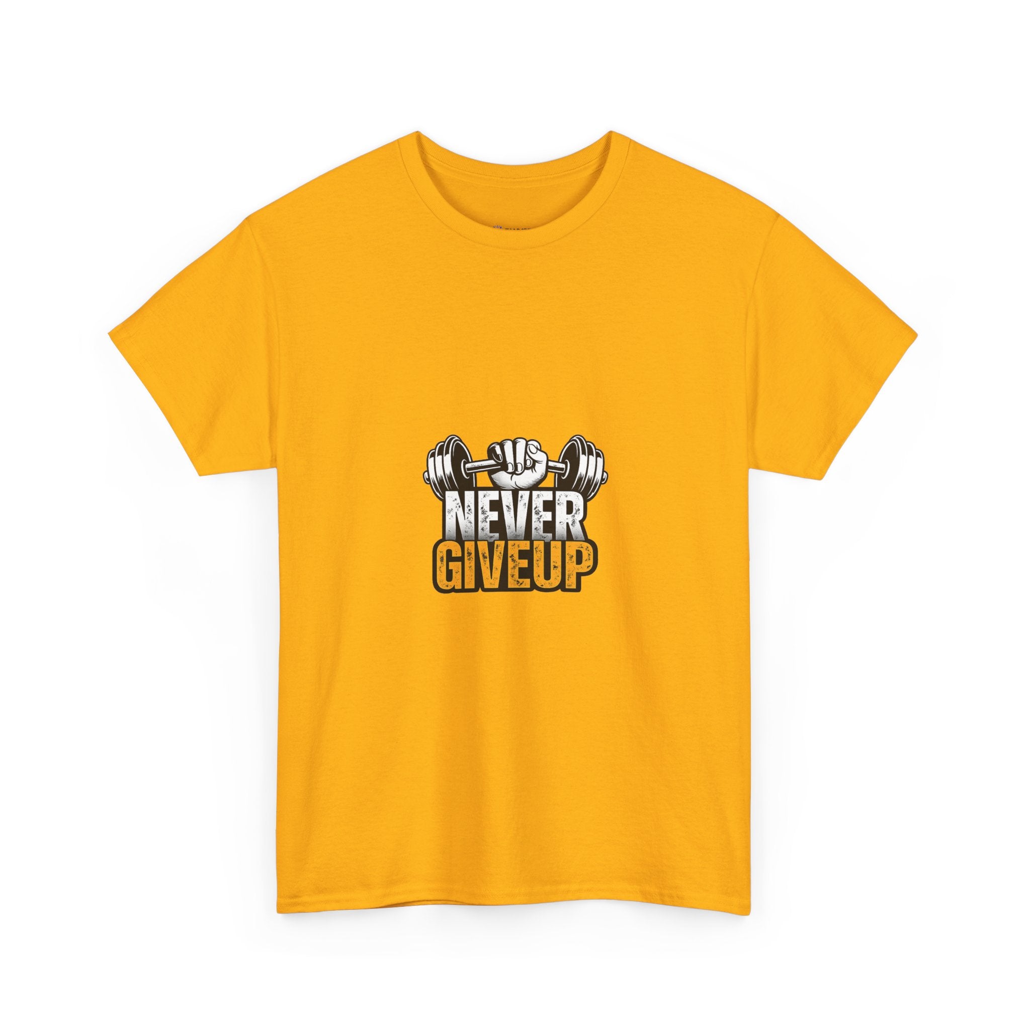 Never Give Up Fitness T-Shirt — Motivational Gym Tee with Dumbbell Graphic