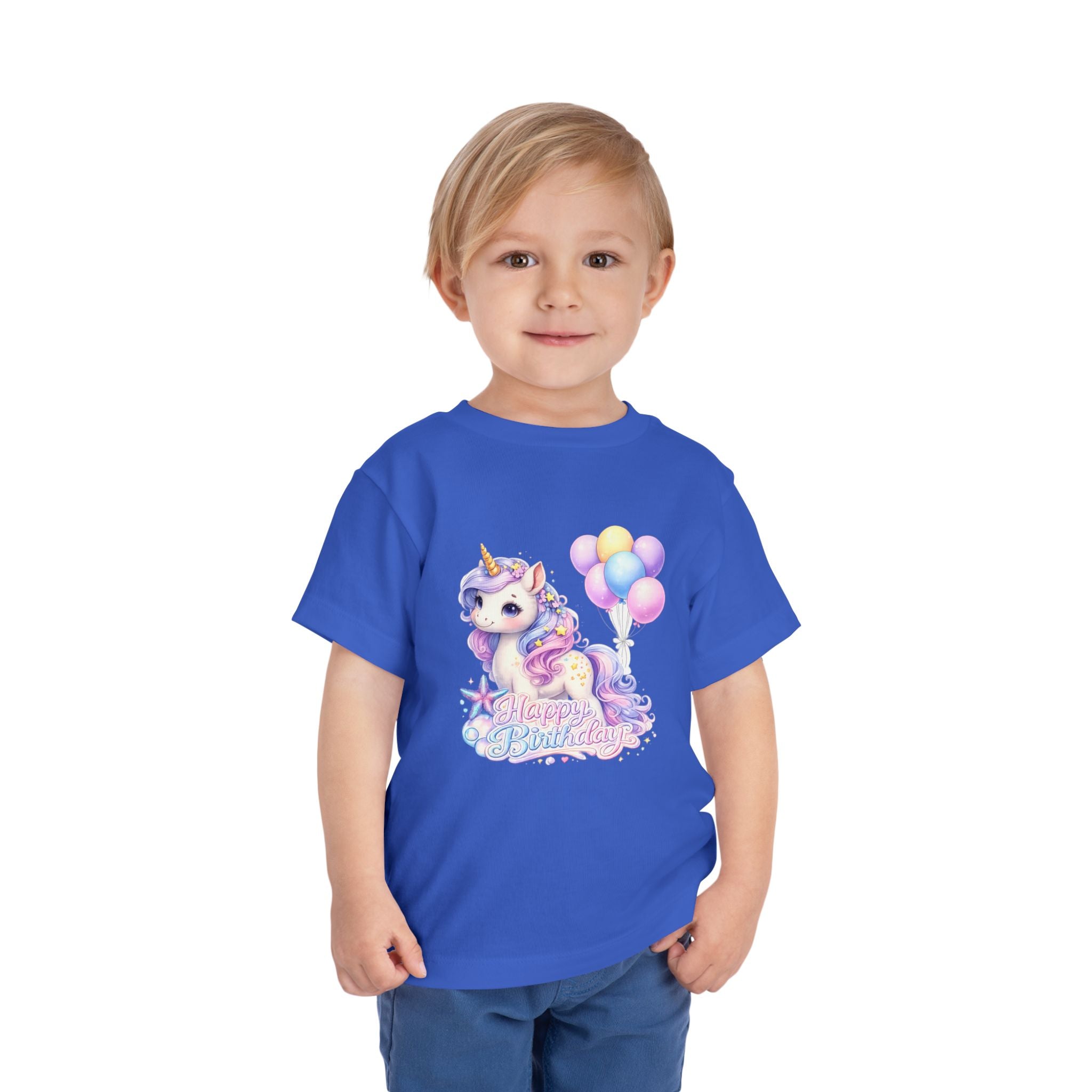 Toddler Tee — Pastel Unicorn "Happy Birthday" Shirt with Balloons