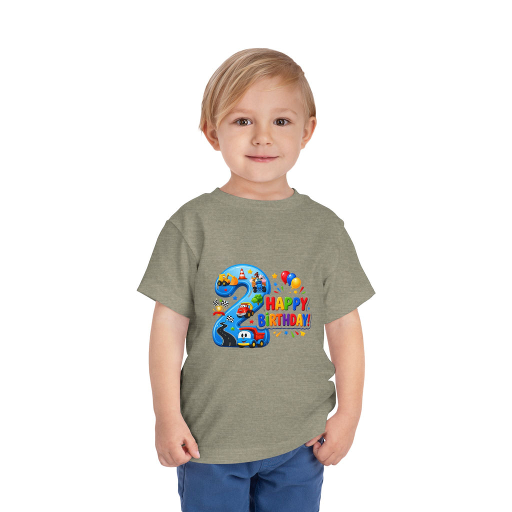 2nd Birthday Toddler Tee — Happy Birthday Number 2 with Cars & Balloons