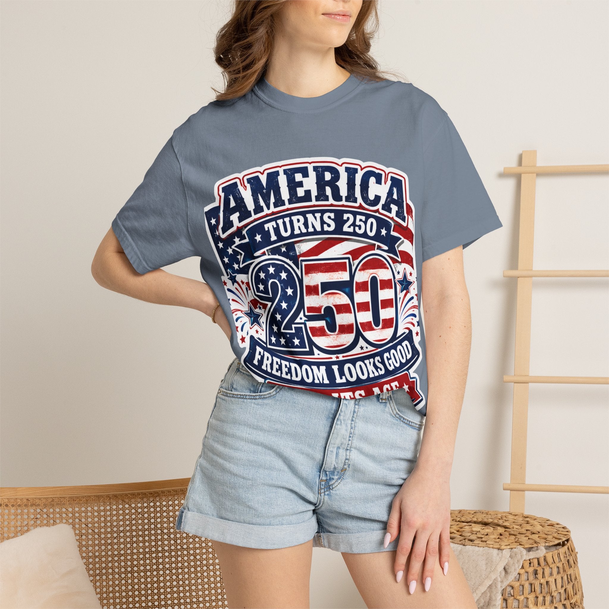 America Turns 250 T-Shirt – "Freedom Looks Good For Its Age" Patriotic 4th of July Tee