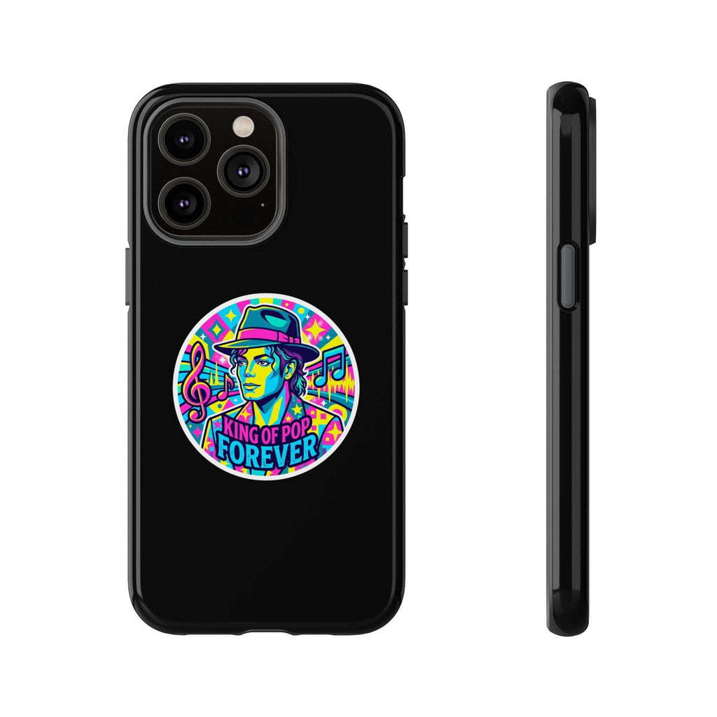 Matte Black iPhone Tough Cases 12 to 17 Pro Max  — "King of Pop Forever" Retro Pop Art Phone Case.