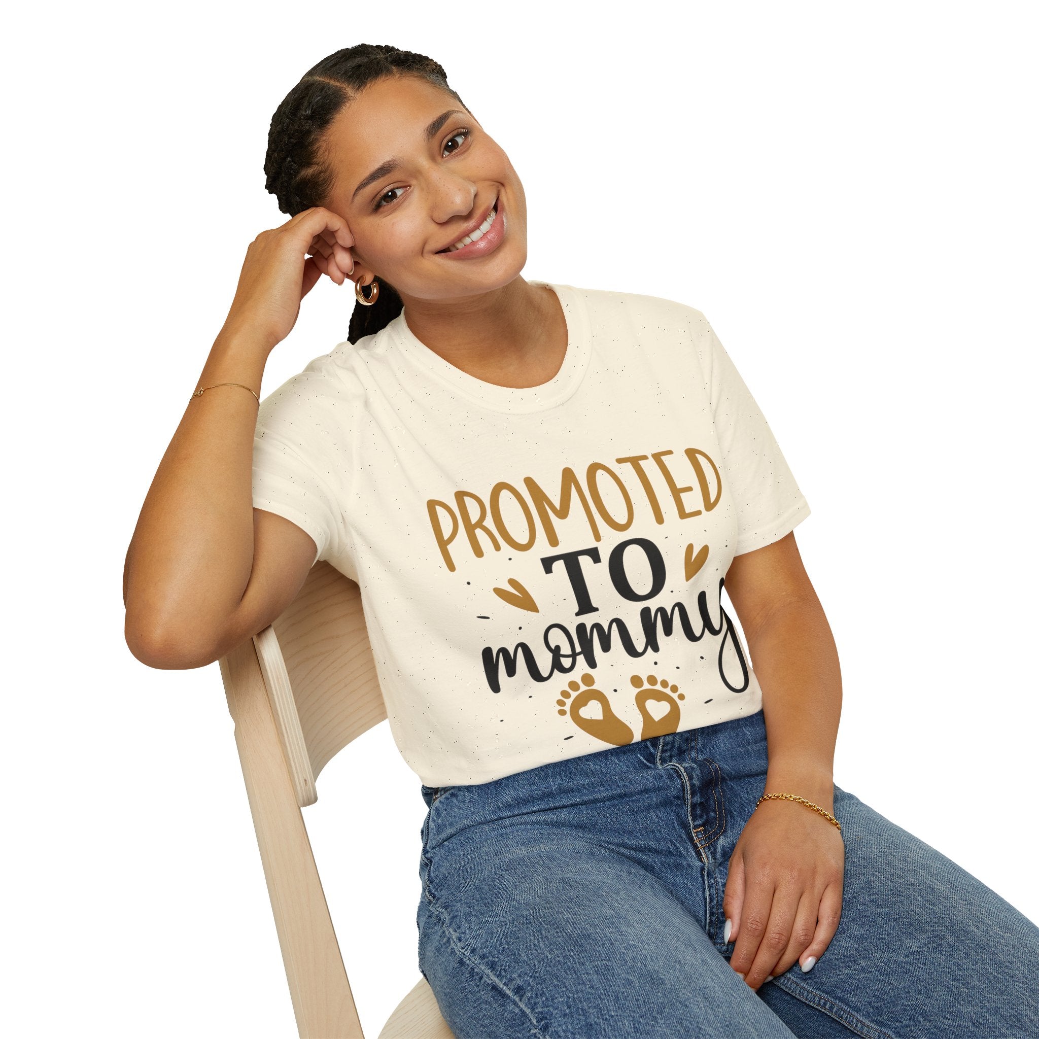 Promoted to Mommy T-Shirt — Pregnancy Announcement Tee with Gold Hearts & Baby Footprints