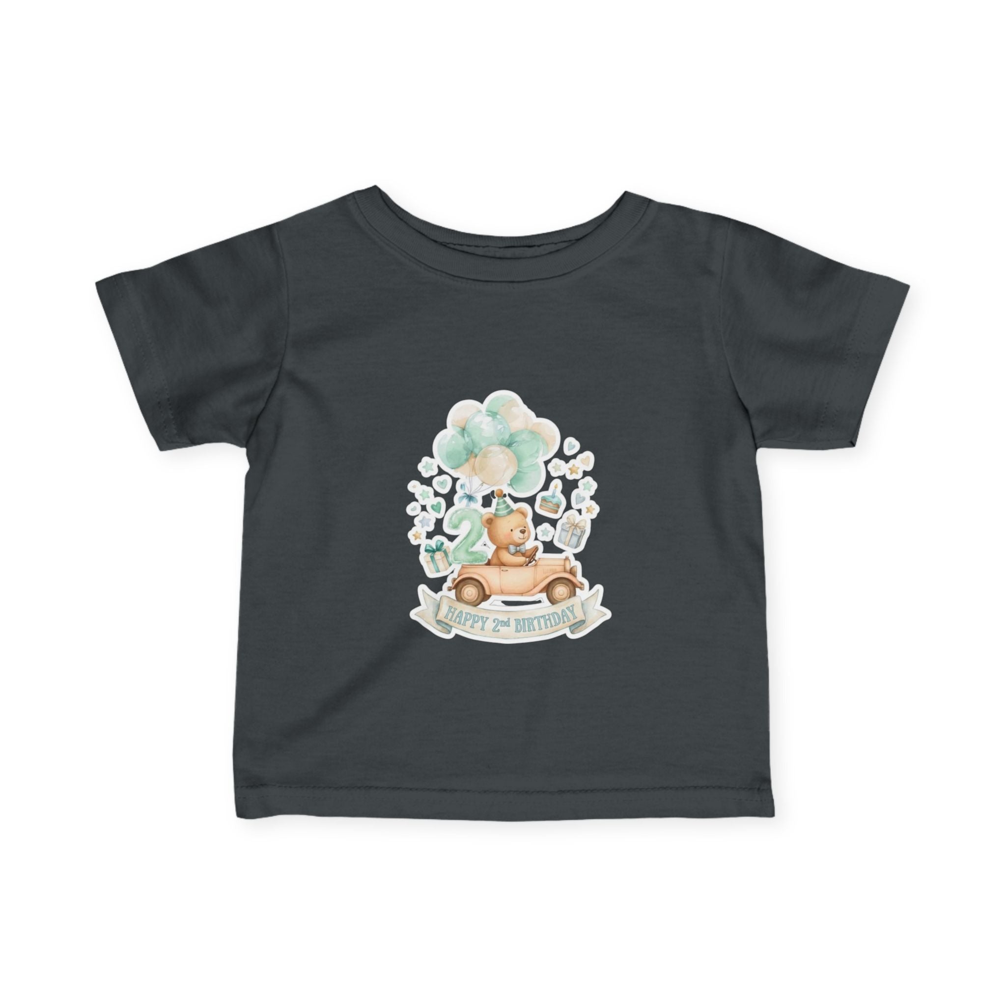 Baby 2nd Birthday Tee - Cute Bear in Car with Balloons Infant Shirt