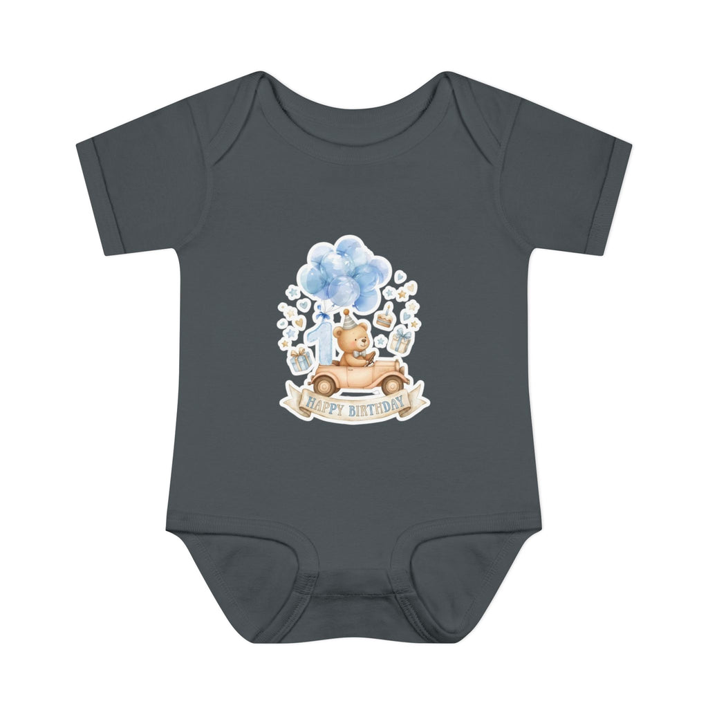 Baby Bodysuit - Blue Teddy Bear with Balloons "Happy Birthday" Infant Onesie