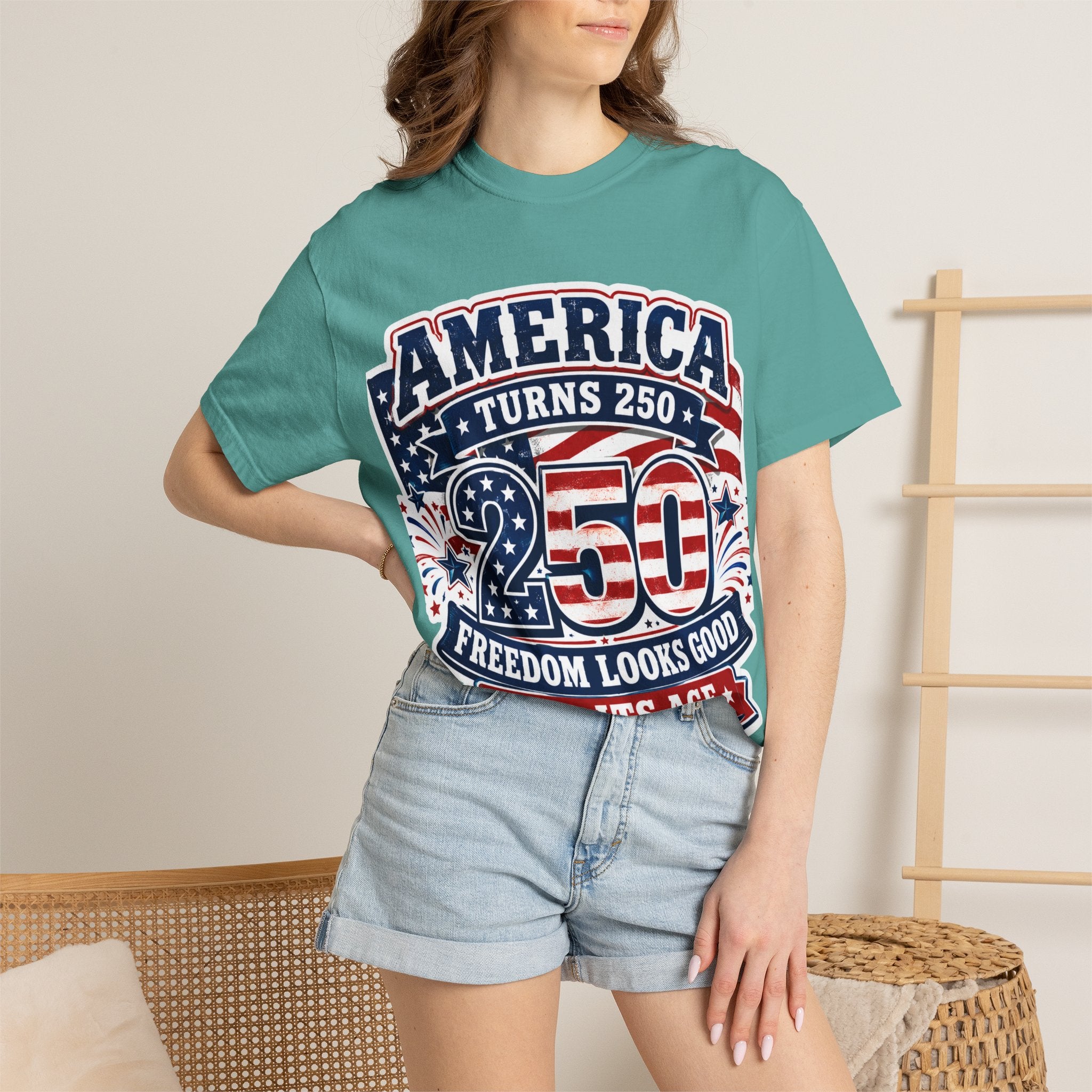 America Turns 250 T-Shirt – "Freedom Looks Good For Its Age" Patriotic 4th of July Tee