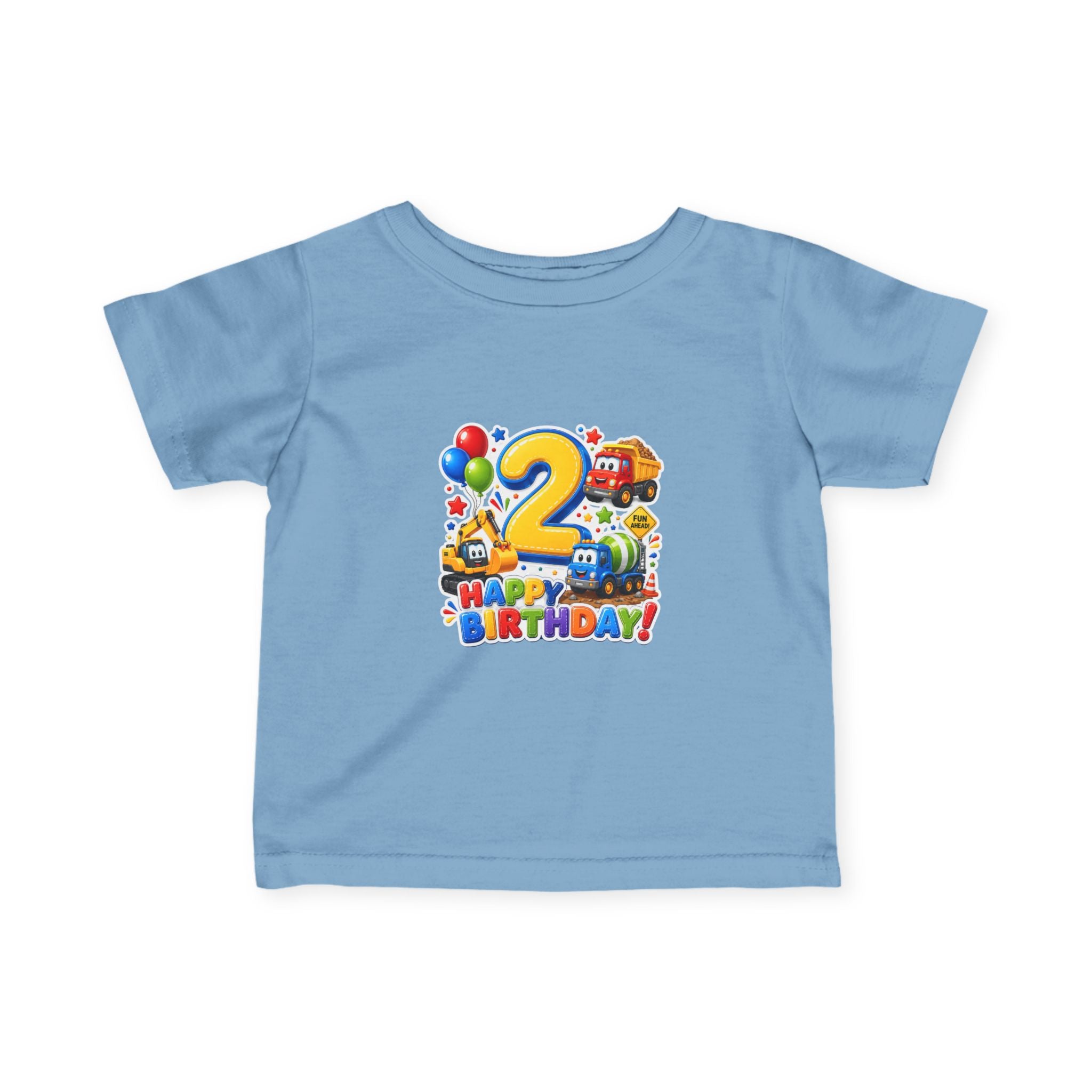 2nd Birthday Infant Tee — Colorful Trucks, Balloons & 'Happy Birthday' Design