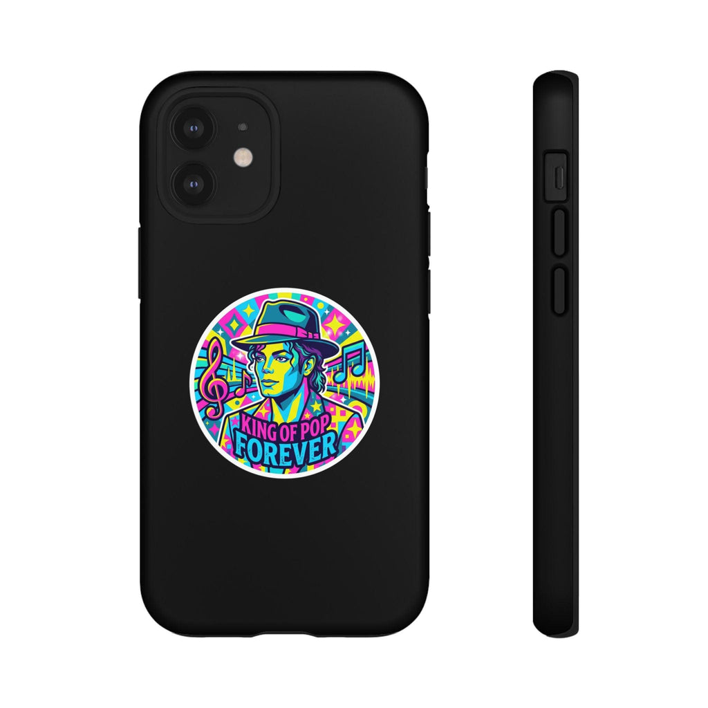 Matte Black iPhone Tough Cases 12 to 17 Pro Max  — "King of Pop Forever" Retro Pop Art Phone Case.