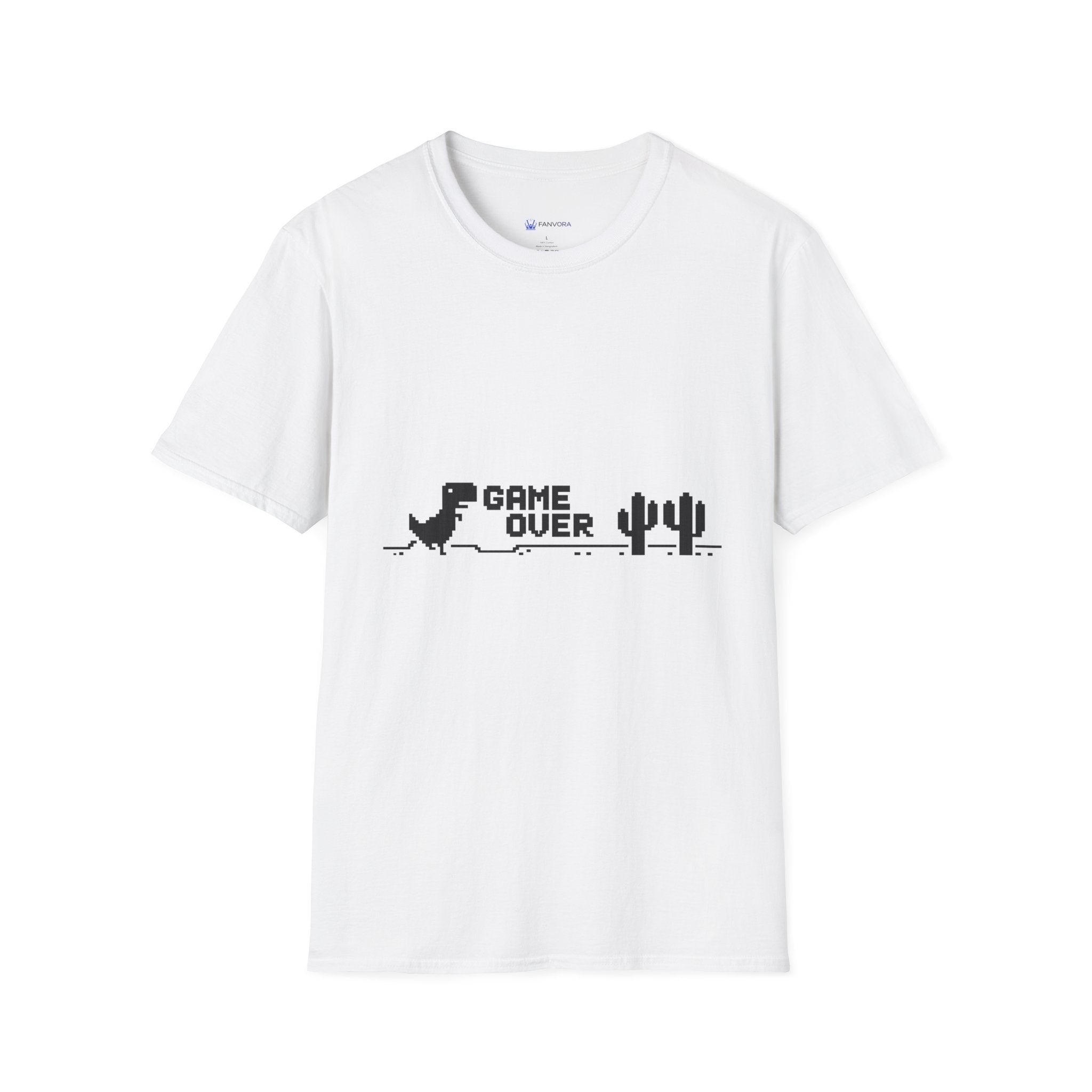 T-Shirt — "Game Over" Dino Pixel Tee (Retro Dinosaur Side-Scroller Design)
