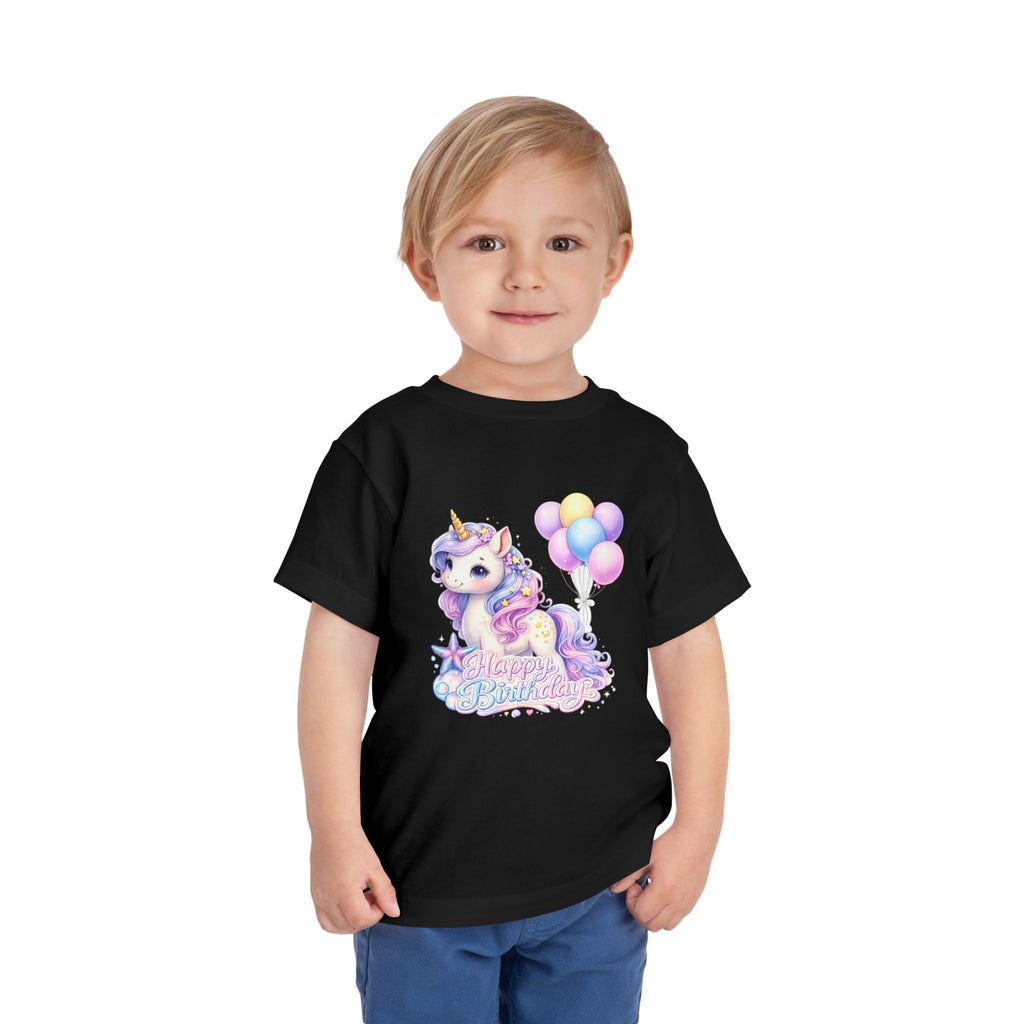 Toddler Tee — Pastel Unicorn "Happy Birthday" Shirt with Balloons