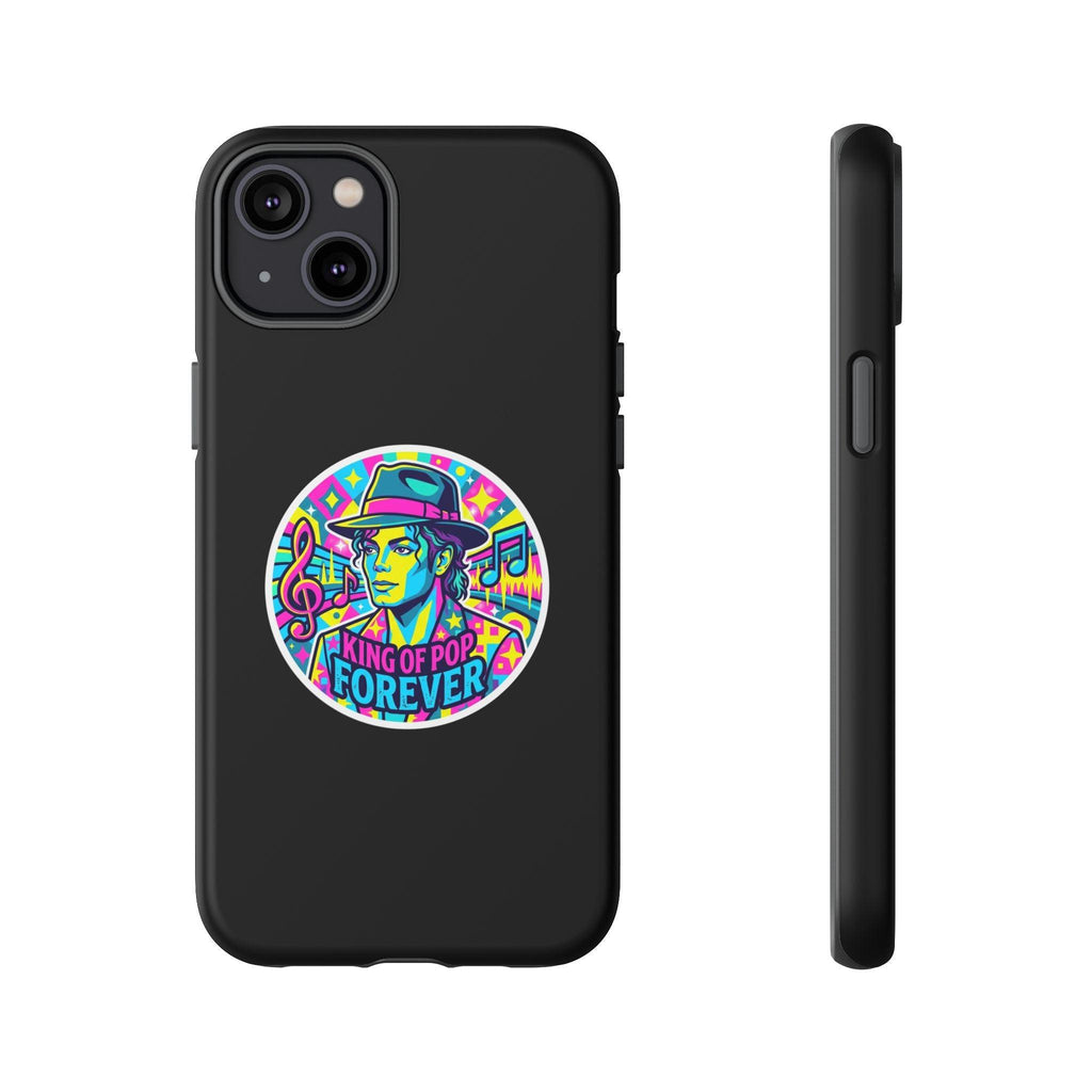 Matte Black iPhone Tough Cases 12 to 17 Pro Max  — "King of Pop Forever" Retro Pop Art Phone Case.