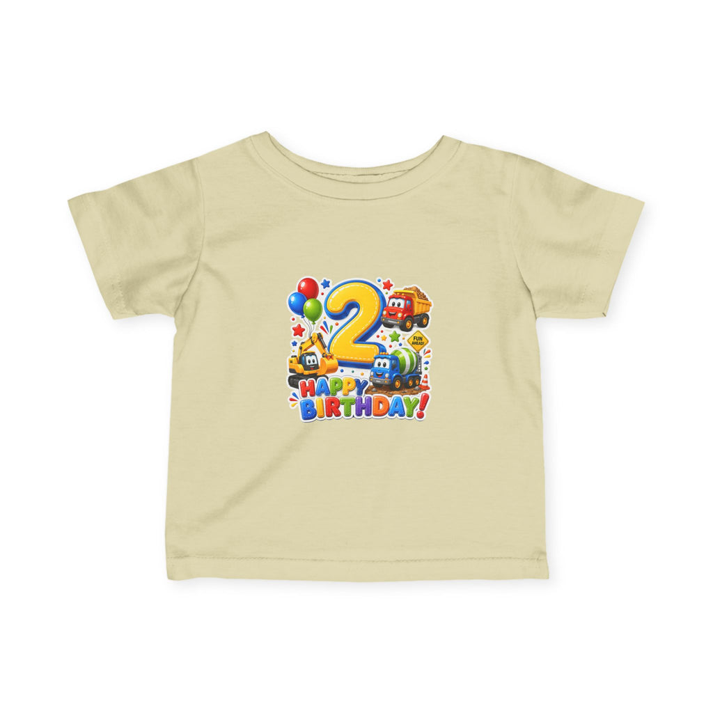 2nd Birthday Infant Tee — Colorful Trucks, Balloons & 'Happy Birthday' Design