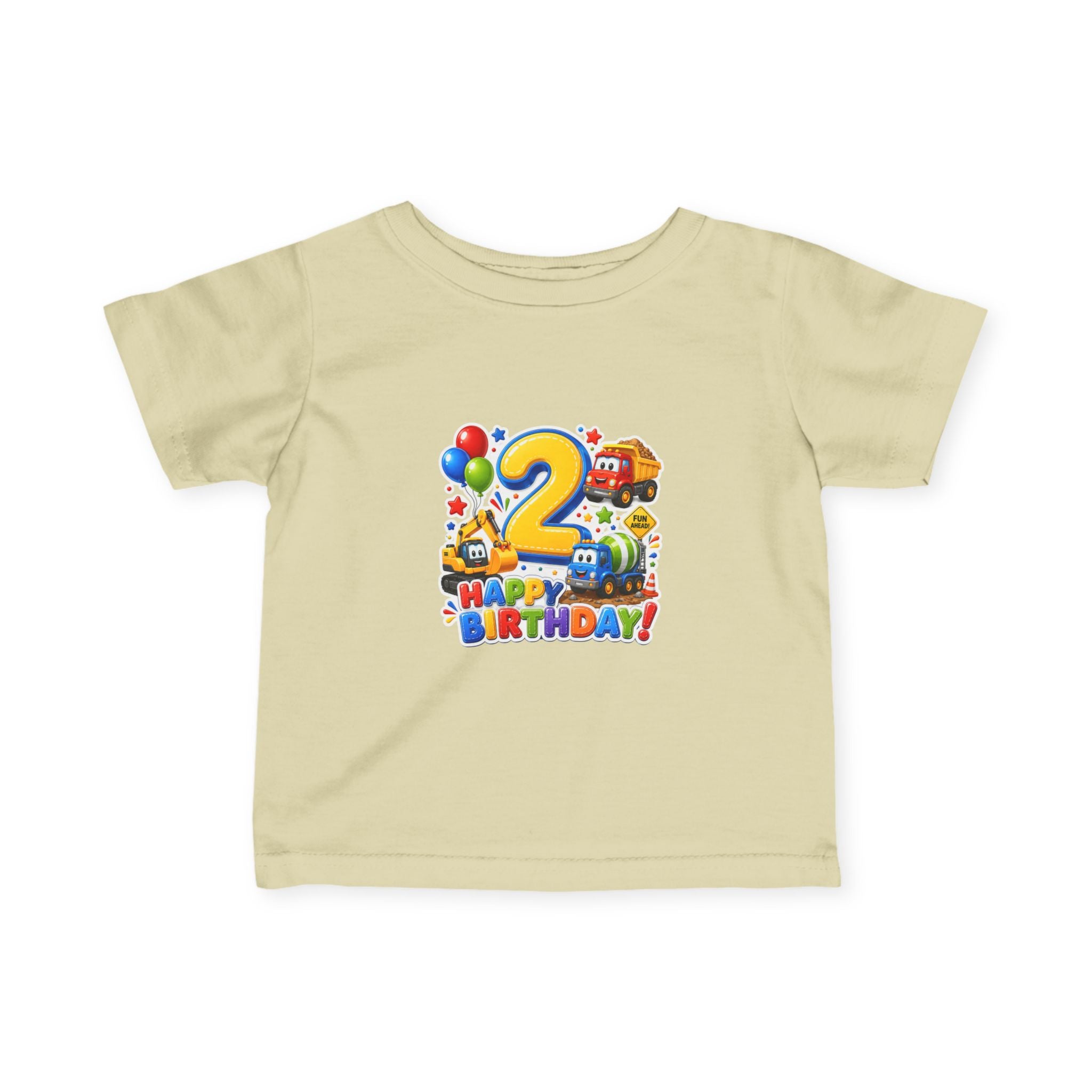 2nd Birthday Infant Tee — Colorful Trucks, Balloons & 'Happy Birthday' Design