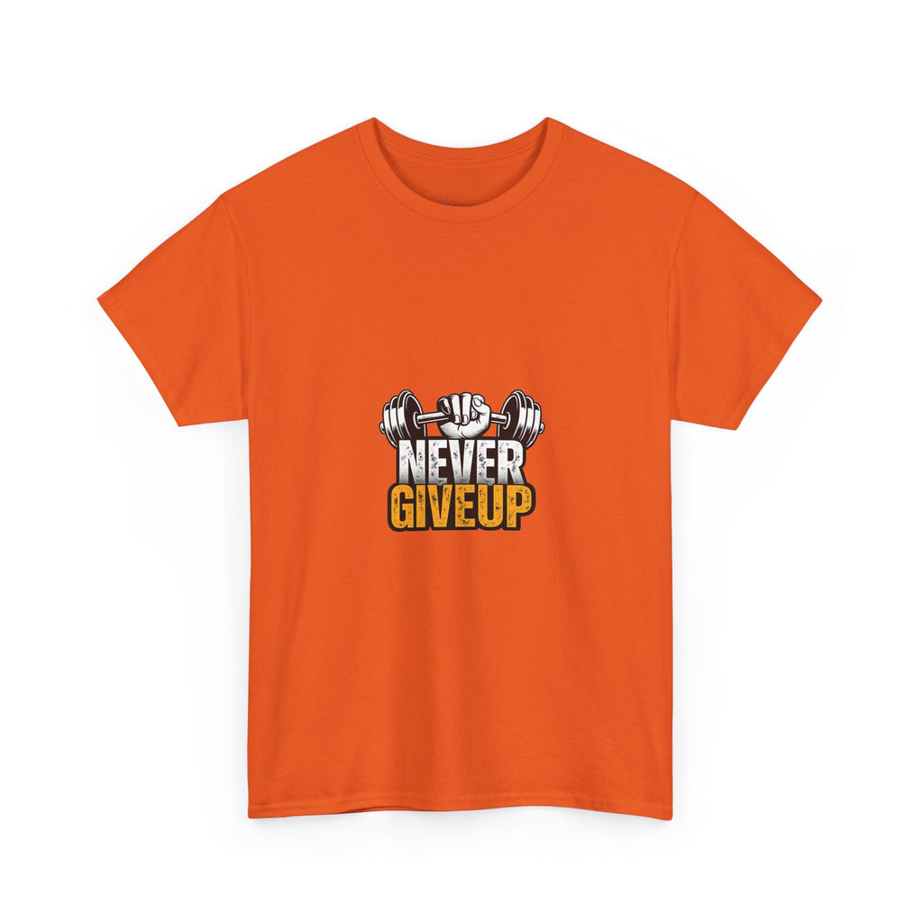 Never Give Up Fitness T-Shirt — Motivational Gym Tee with Dumbbell Graphic