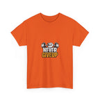 Never Give Up Fitness T-Shirt — Motivational Gym Tee with Dumbbell Graphic