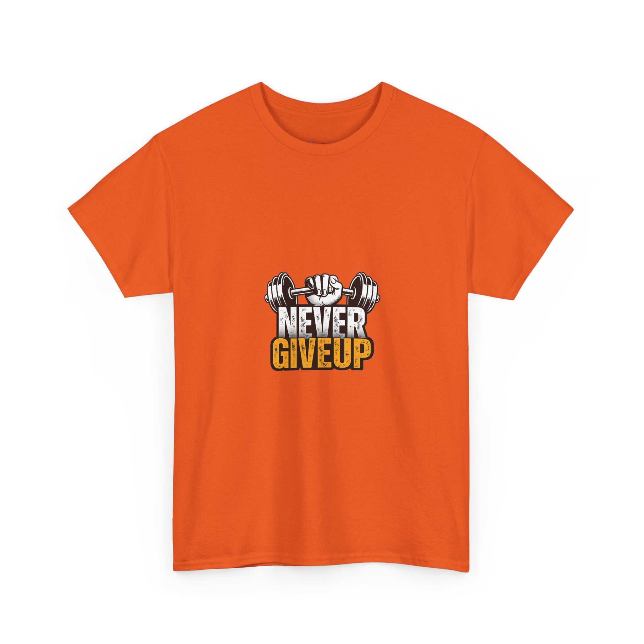 Never Give Up Fitness T-Shirt — Motivational Gym Tee with Dumbbell Graphic