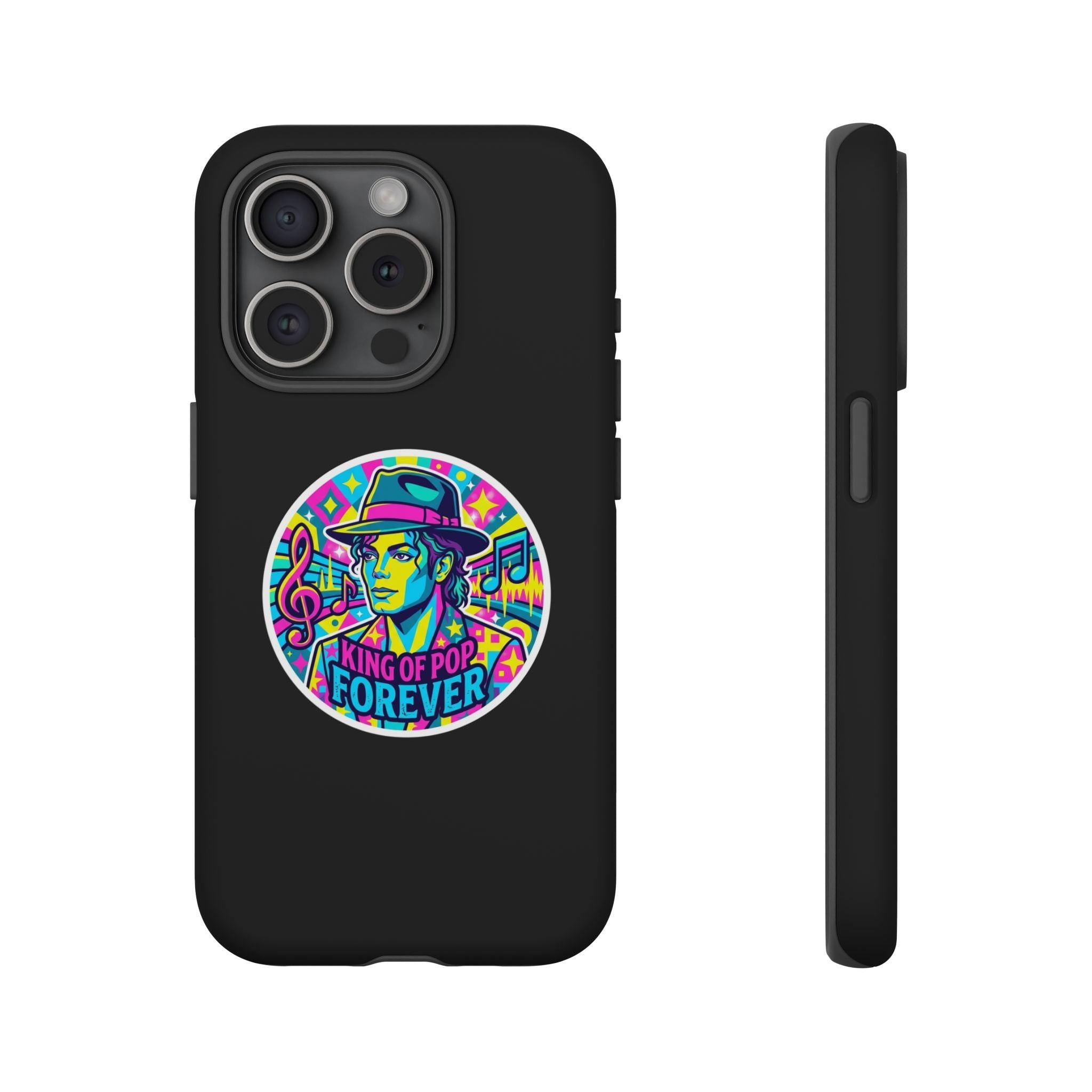 Matte Black iPhone Tough Cases 12 to 17 Pro Max  — "King of Pop Forever" Retro Pop Art Phone Case.