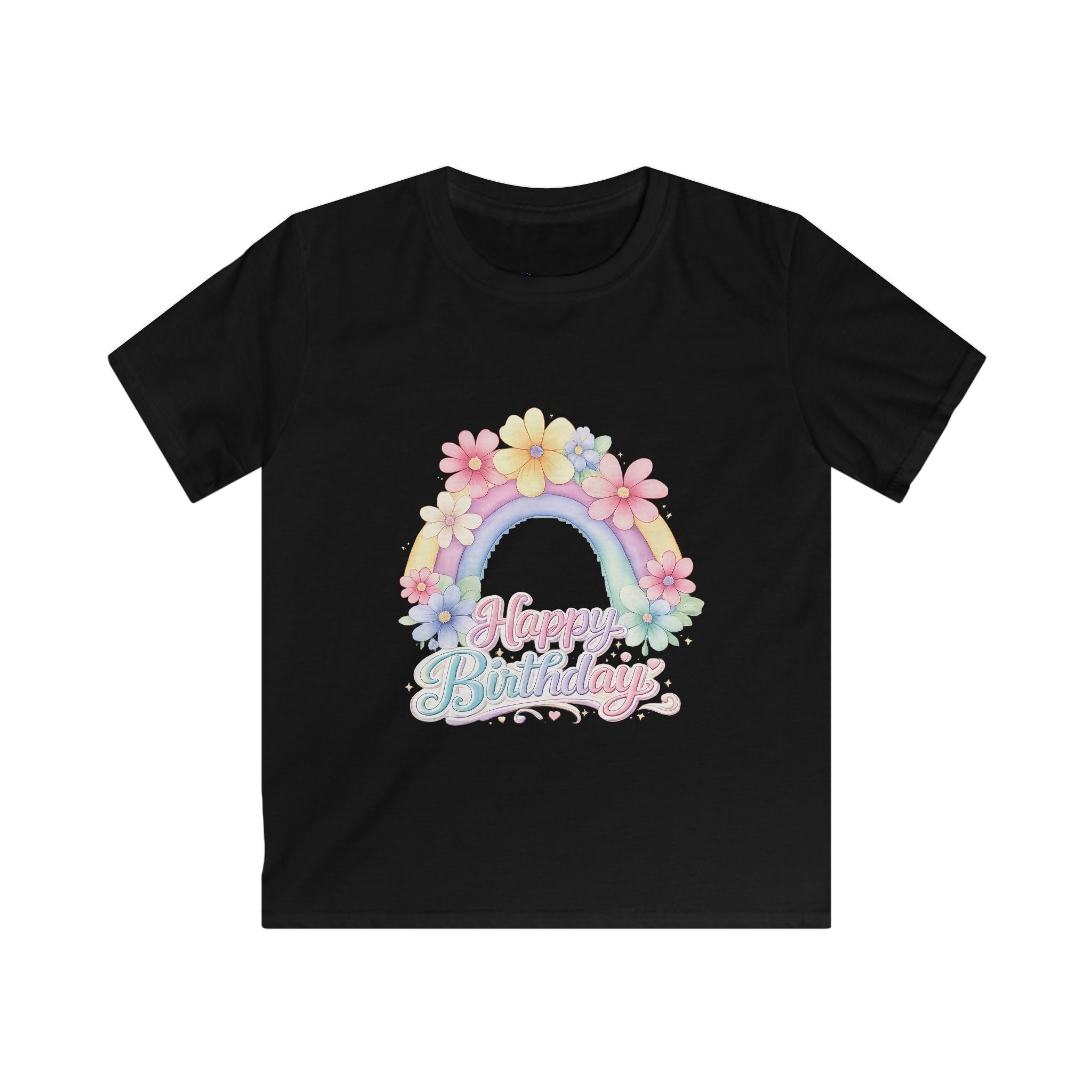 Kids Tee — Pastel Rainbow "Happy Birthday" Floral Design