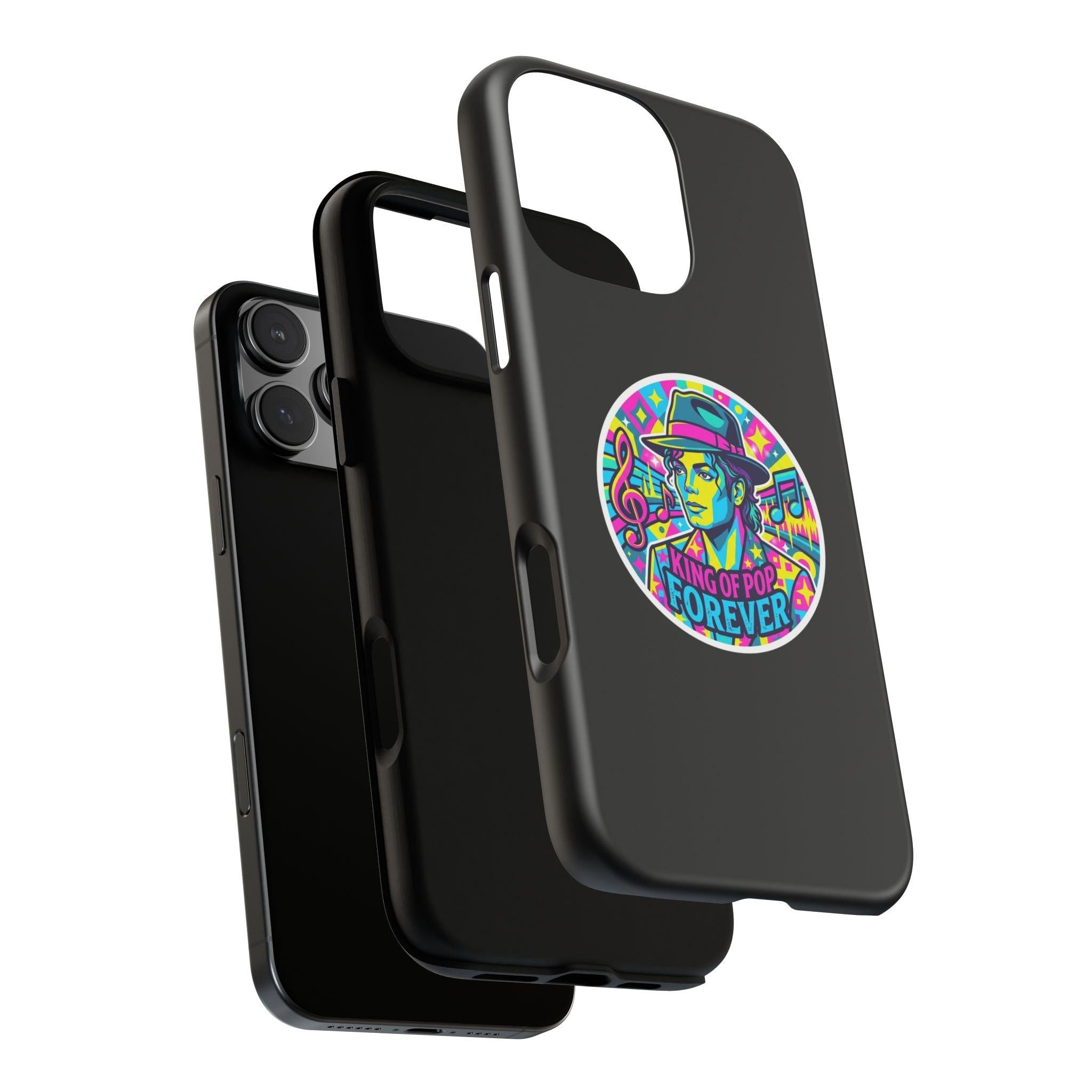 Matte Black iPhone Tough Cases 12 to 17 Pro Max  — "King of Pop Forever" Retro Pop Art Phone Case