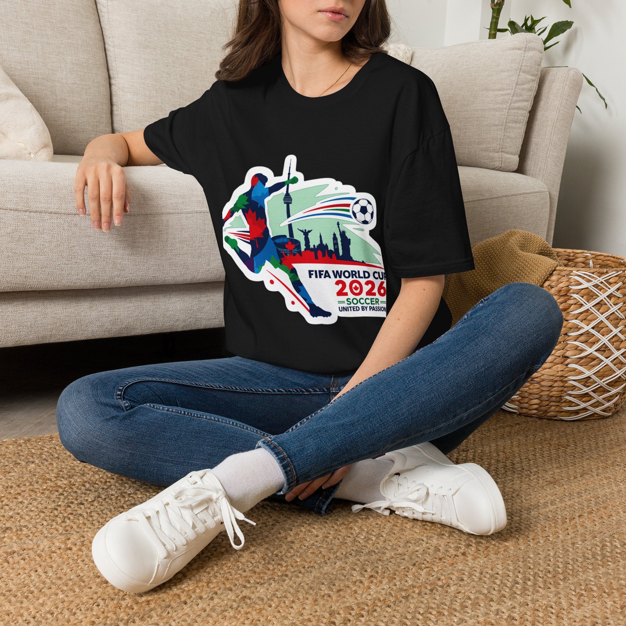 Soccer Cup 2026 T-Shirt — Colorful Player Silhouette with Stadium Skyline