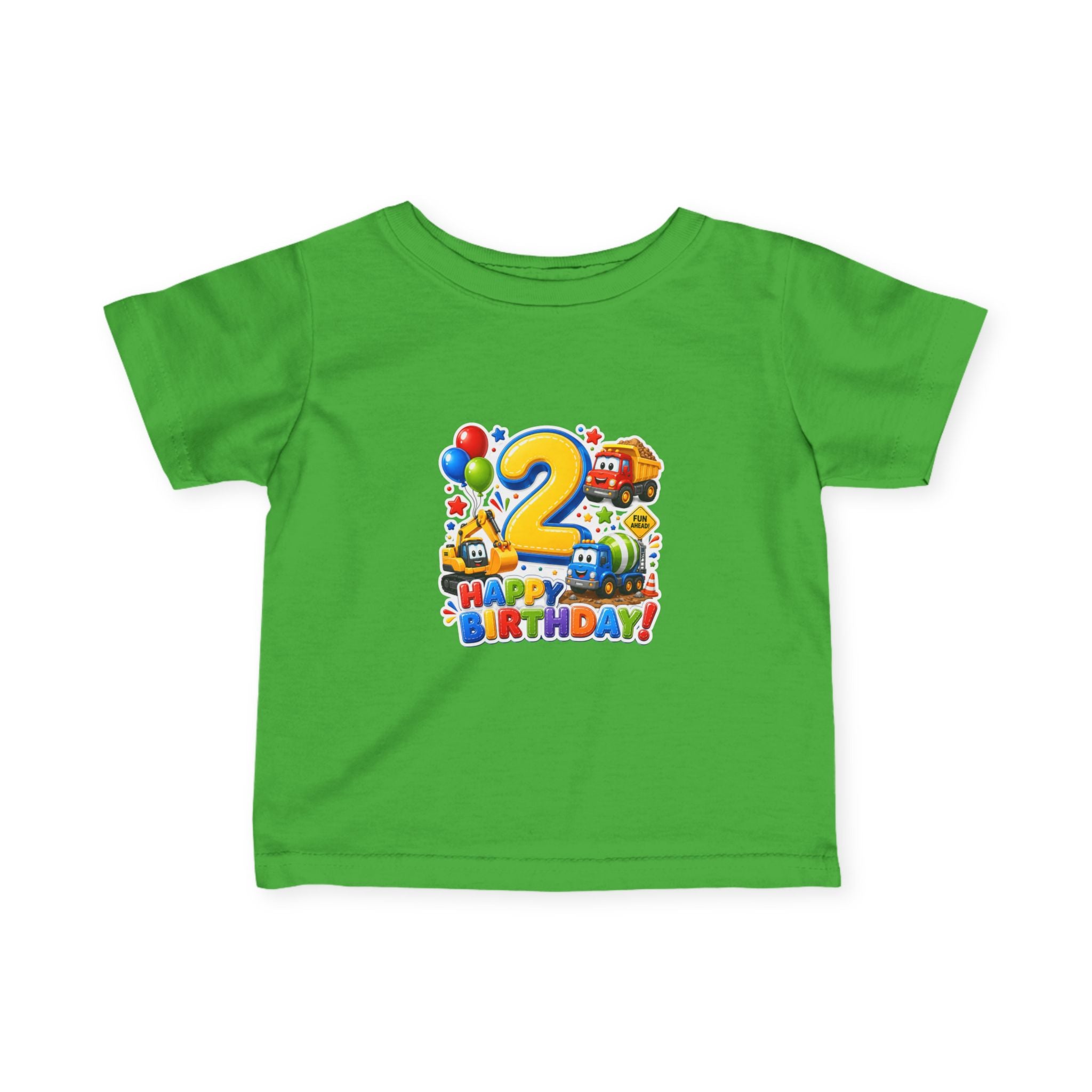 2nd Birthday Infant Tee — Colorful Trucks, Balloons & 'Happy Birthday' Design