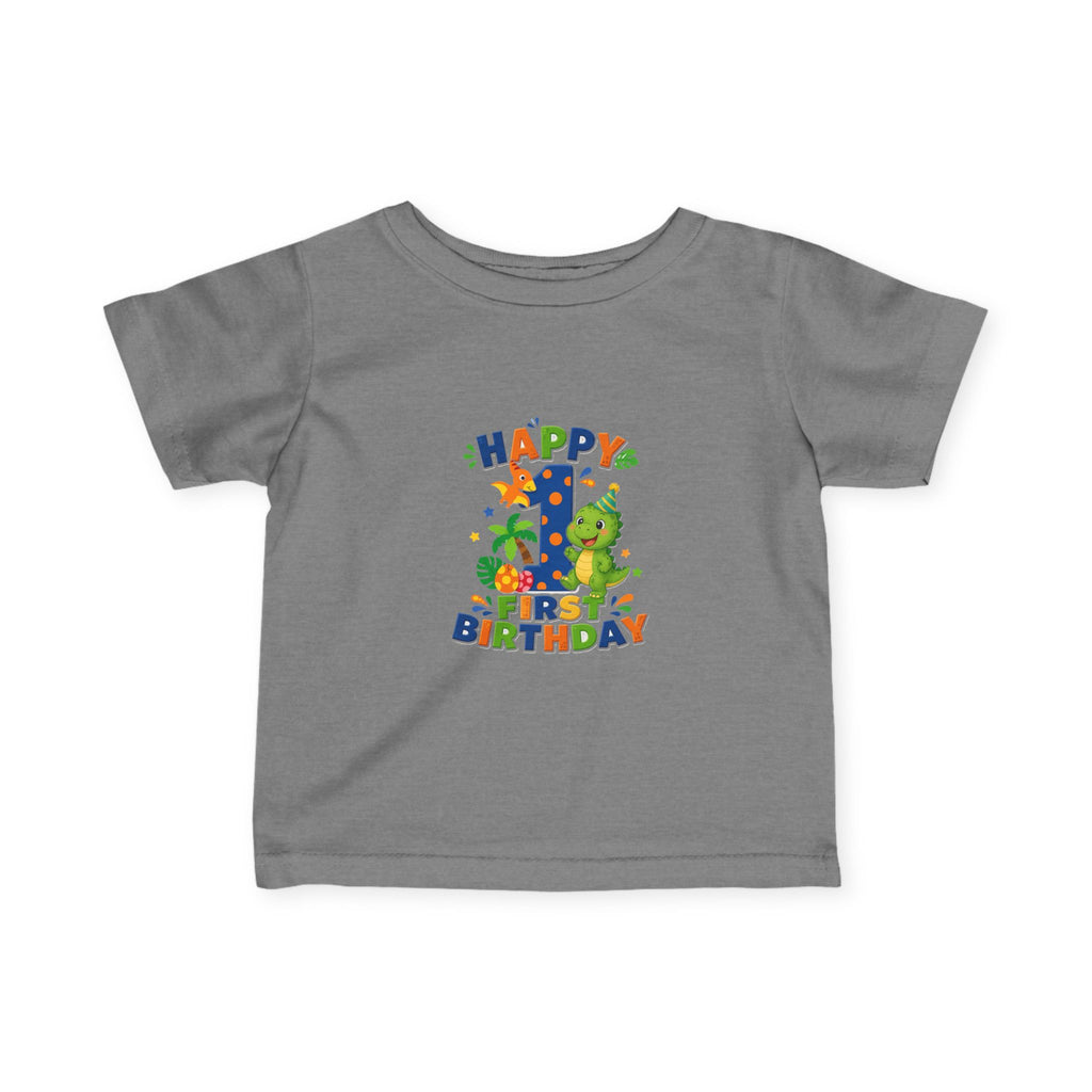 Happy 1st Birthday Infant Tee — Colorful Dino First Birthday Shirt