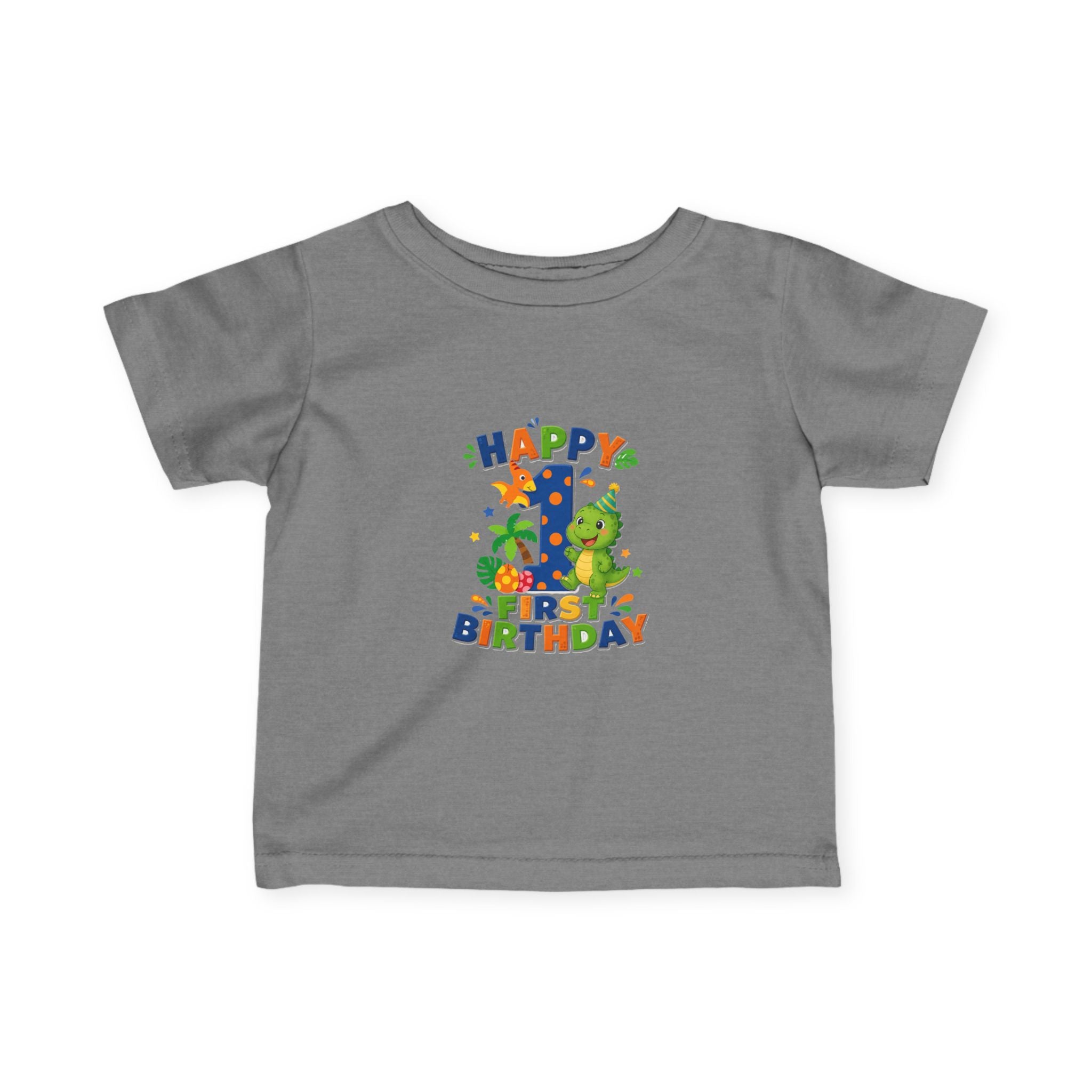 Happy 1st Birthday Infant Tee — Colorful Dino First Birthday Shirt
