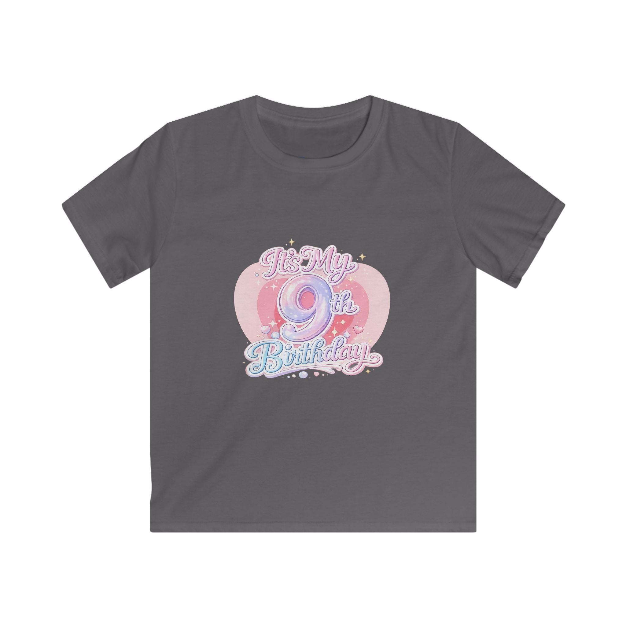 Kids 9th Birthday T‑Shirt - 'It's My 9th Birthday' Pink Heart Graphic Tee
