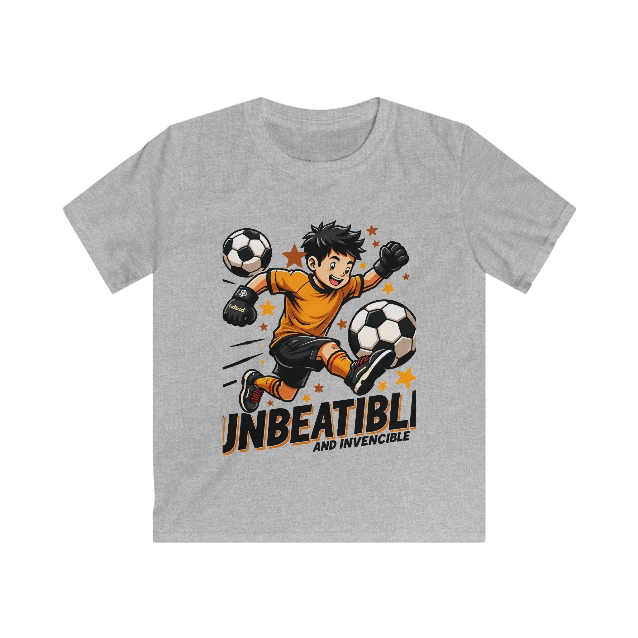 Kids Soccer Tee — "Unbeatable! and Invincible" Youth Soccer Graphic Shirt.