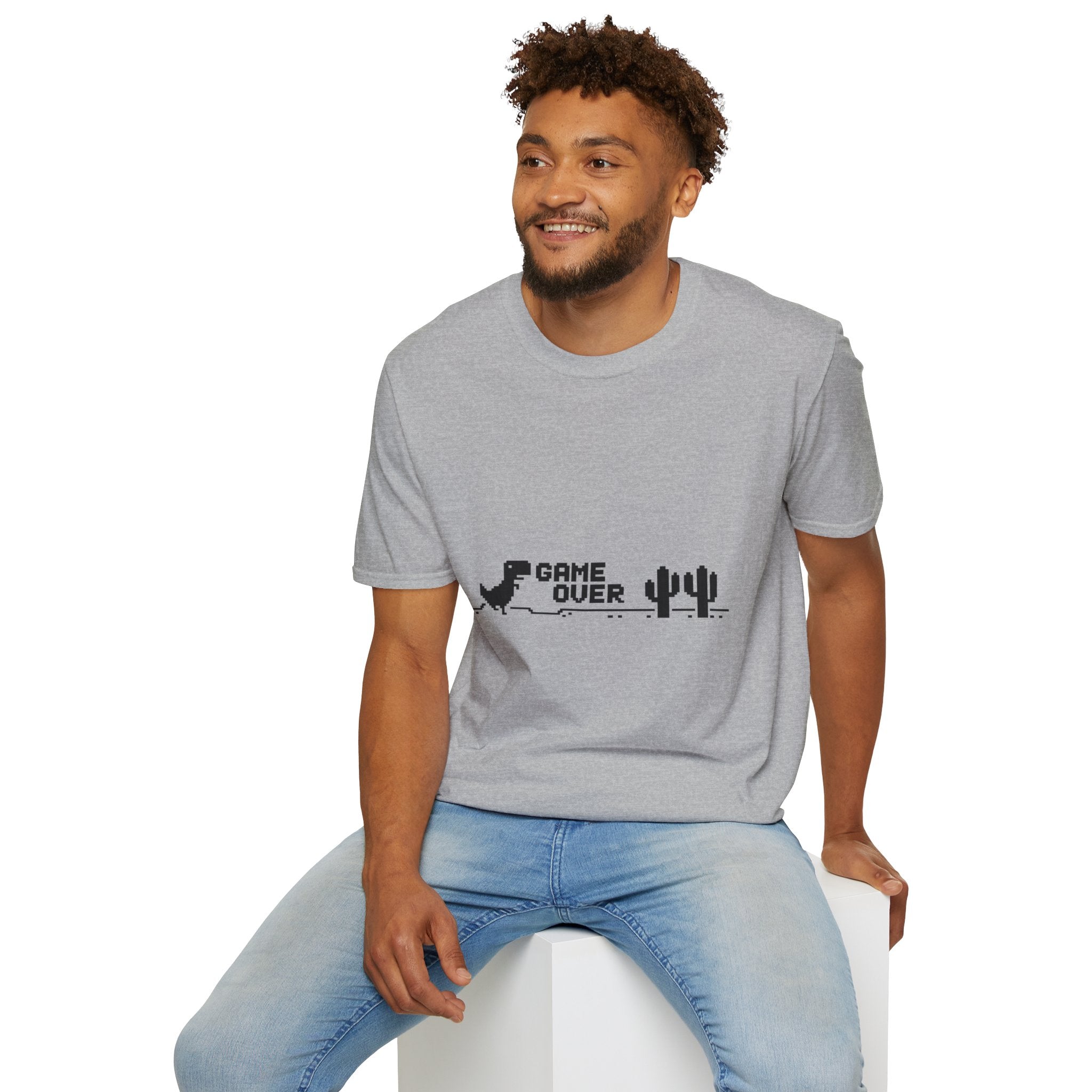 T-Shirt — "Game Over" Dino Pixel Tee (Retro Dinosaur Side-Scroller Design)
